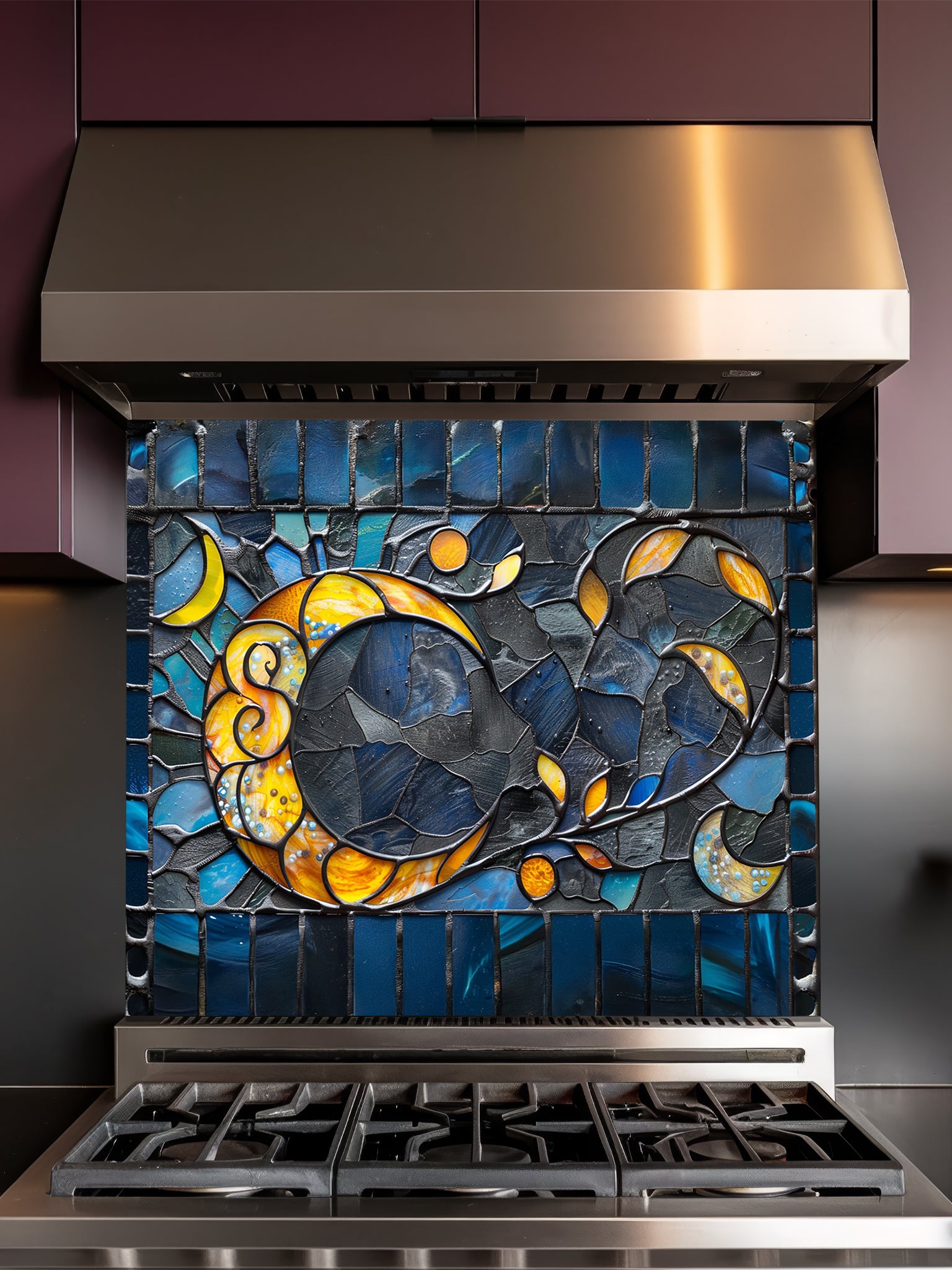 Tempered glass kitchen backsplash featuring a highly realistic 3D illusion of an abstract mosaic moon glowing in amber and gold against a swirling midnight blue and charcoal background, installed behind a modern black stove.