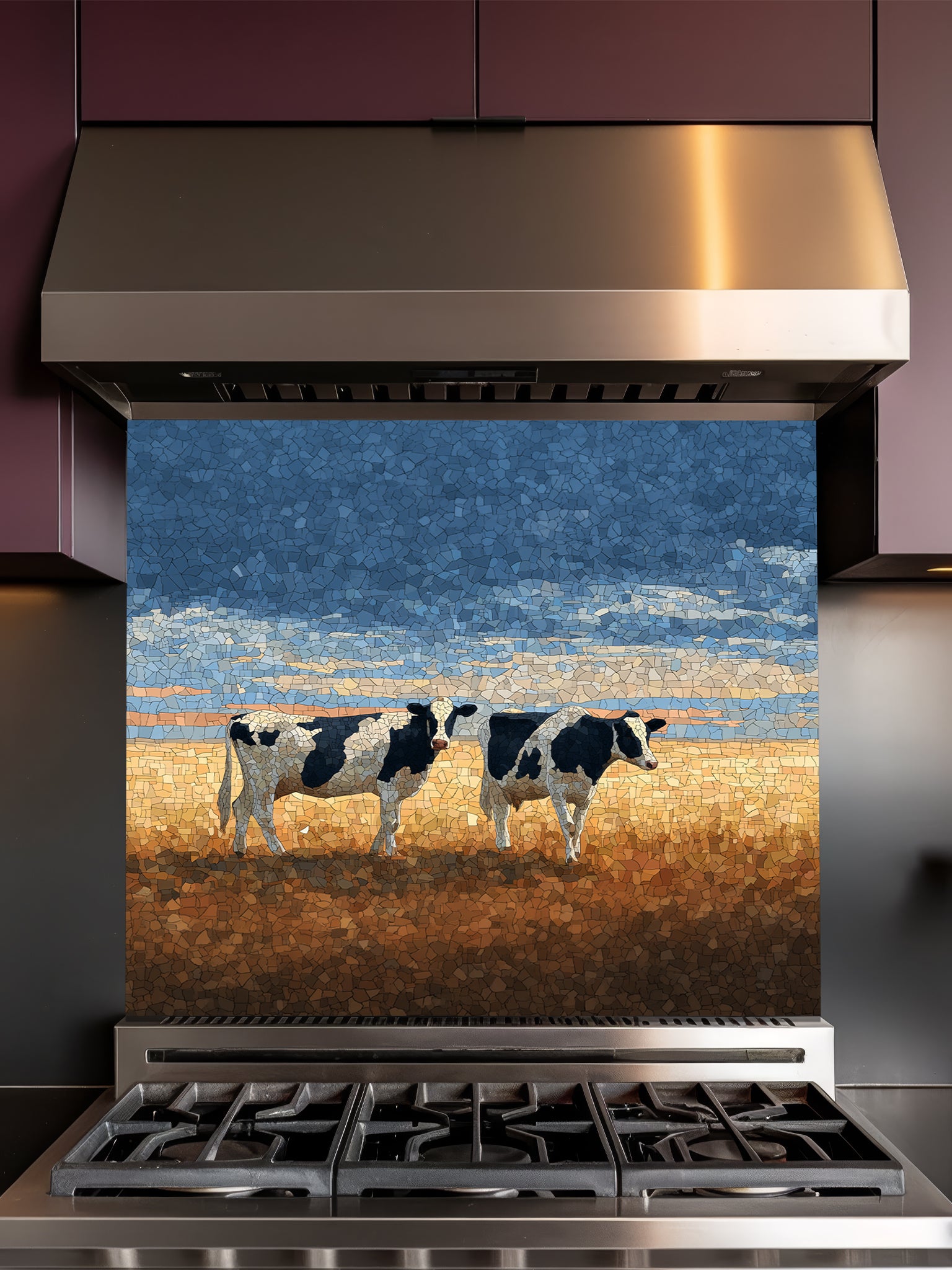 Faux mosaic tile art of black and white cows standing in a golden pasture under a blue sky, UV printed on a smooth tempered glass kitchen backsplash, installed behind a modern stove.