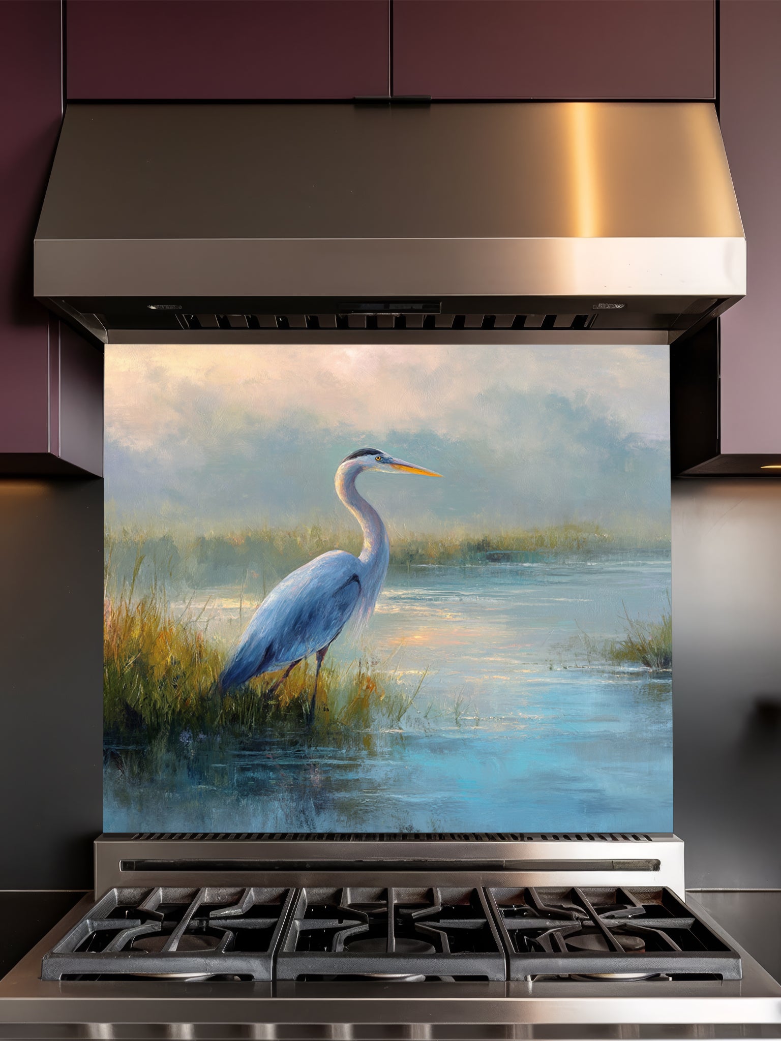 Fine art style oil painting of a blue heron standing in a misty wetland marsh, UV printed on a smooth tempered glass kitchen backsplash.