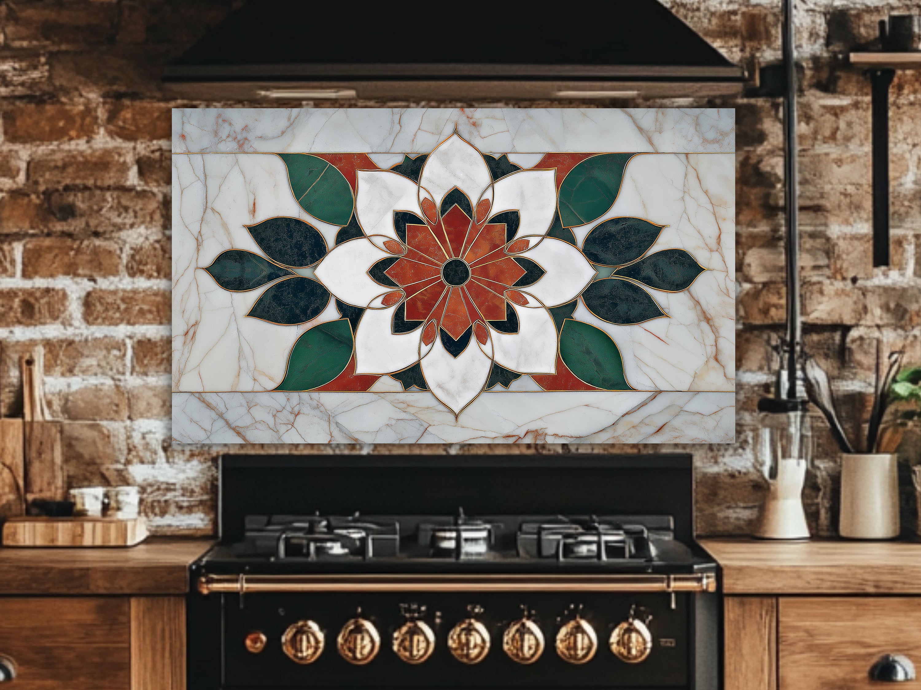 Luxury Marble & Floral Mandala Glass Stove Backsplash | Heat-Resistant Kitchen Splashback