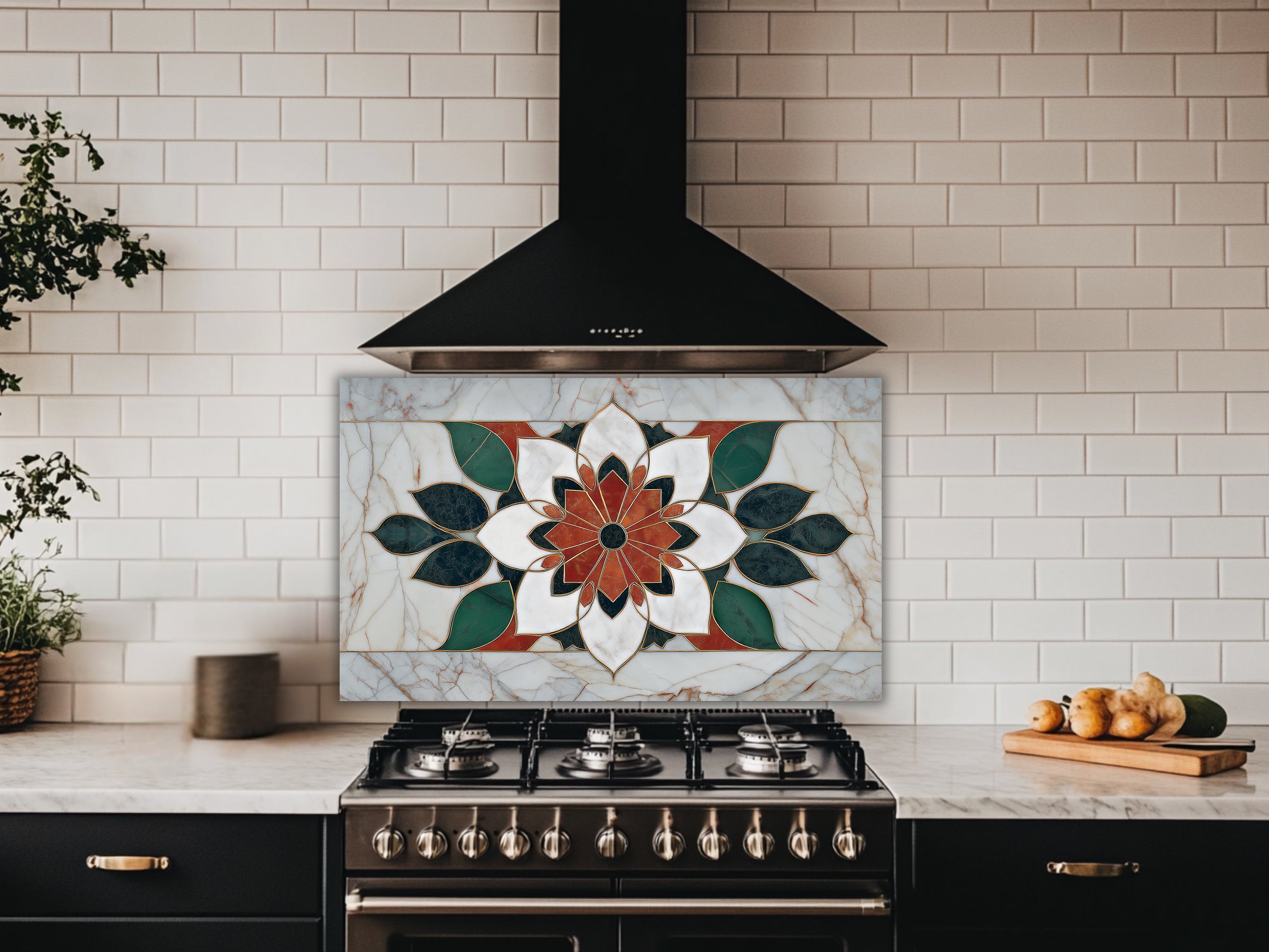 Luxury Marble & Floral Mandala Glass Stove Backsplash | Heat-Resistant Kitchen Splashback