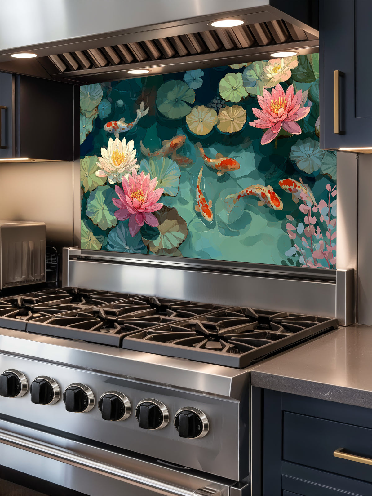Serene illustration of orange koi fish swimming among pink lotus flowers and green lily pads, UV printed on a smooth tempered glass kitchen backsplash, installed behind a modern stove.