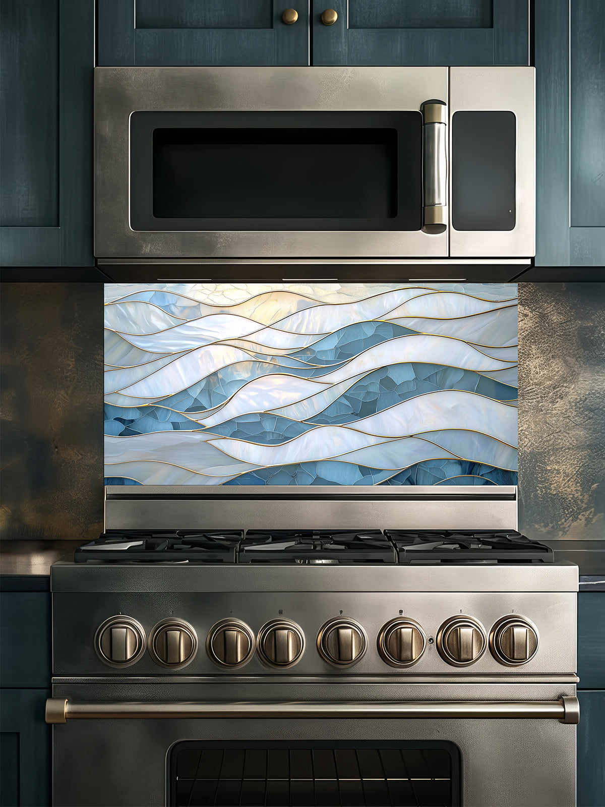 Tempered glass kitchen backsplash featuring a serene faux stained glass design of layered, flowing waves in icy blue and pearlescent white, separated by elegant gold outlines, installed behind a modern stainless steel stove.