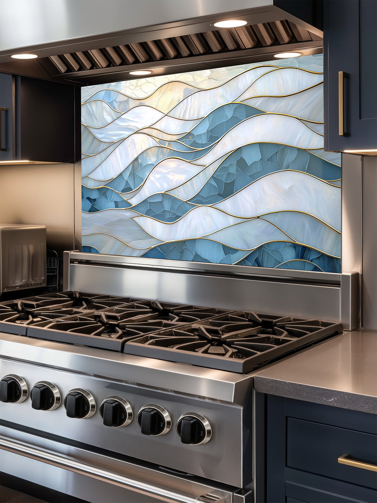 Tempered glass kitchen backsplash featuring a serene faux stained glass design of layered, flowing waves in icy blue and pearlescent white, separated by elegant gold outlines, installed behind a modern stainless steel stove.