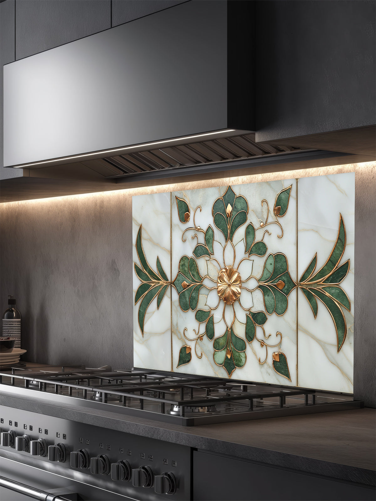 Decorative glass backsplash with floral design above a stove