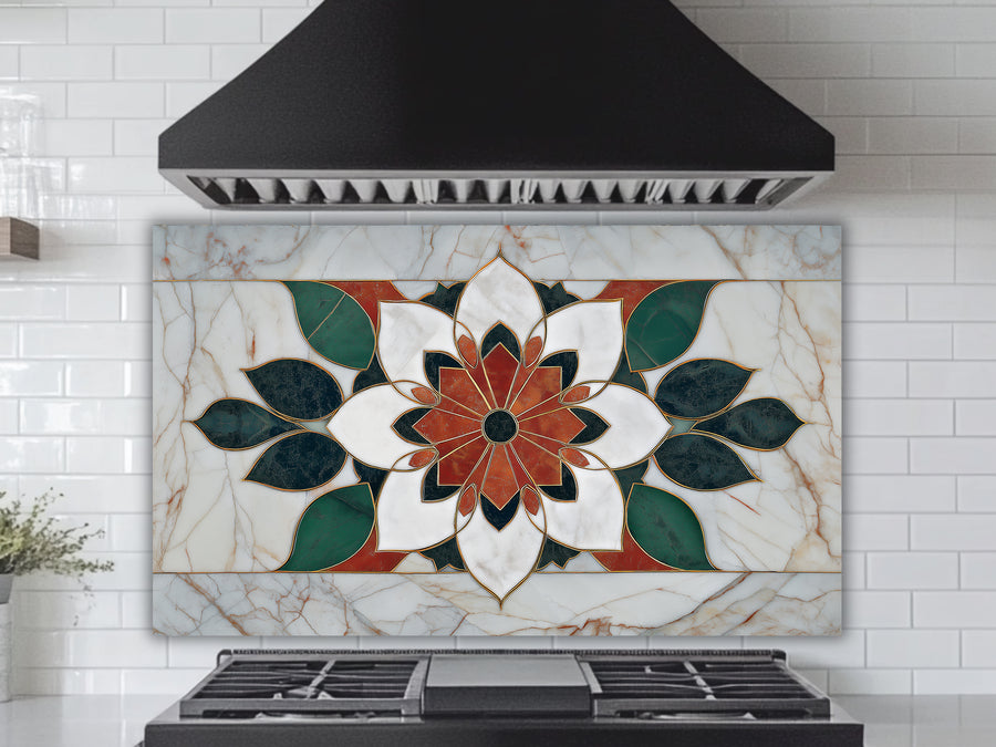 Luxury Marble & Floral Mandala Glass Stove Backsplash | Heat-Resistant Kitchen Splashback