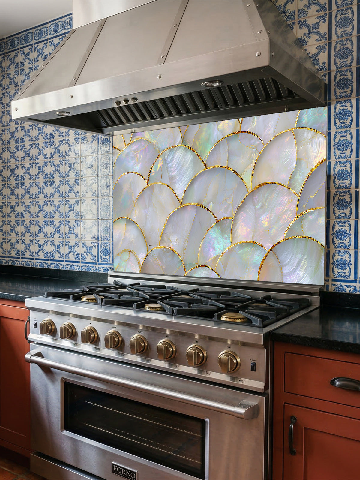 Stainless steel oven with decorative glass splashback in a kitchen setting
