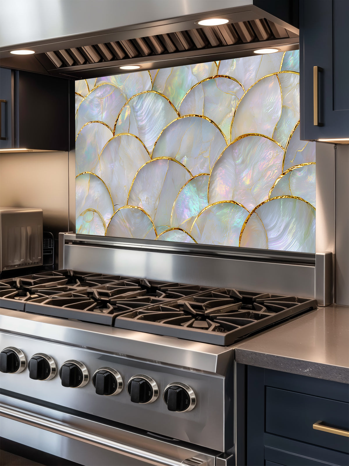 Stainless steel stove with decorative glass backsplash in a kitchen setting
