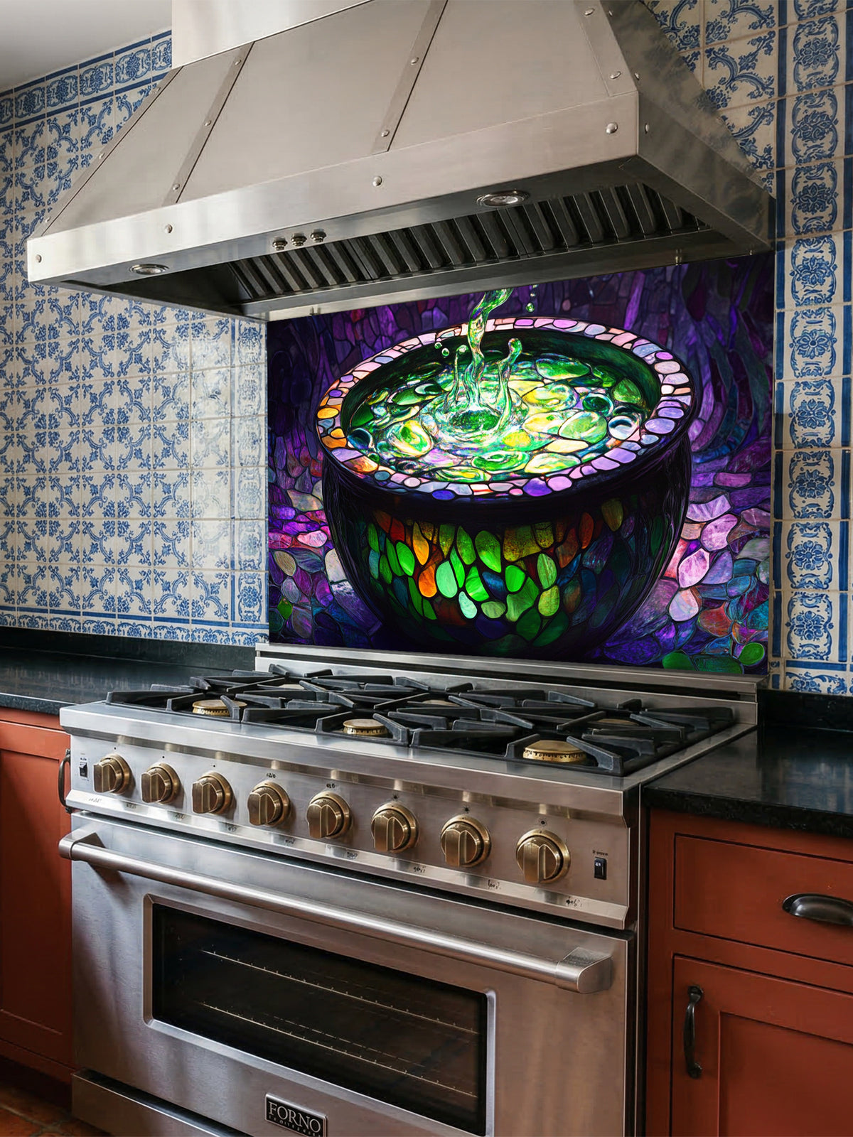 Tempered glass kitchen backsplash featuring a highly realistic 3D illusion of stained glass and mosaic art showing a dark magical cauldron filled with a splashing, glowing neon green potion against a deep purple cobblestone background, installed behind a modern stainless steel stove.