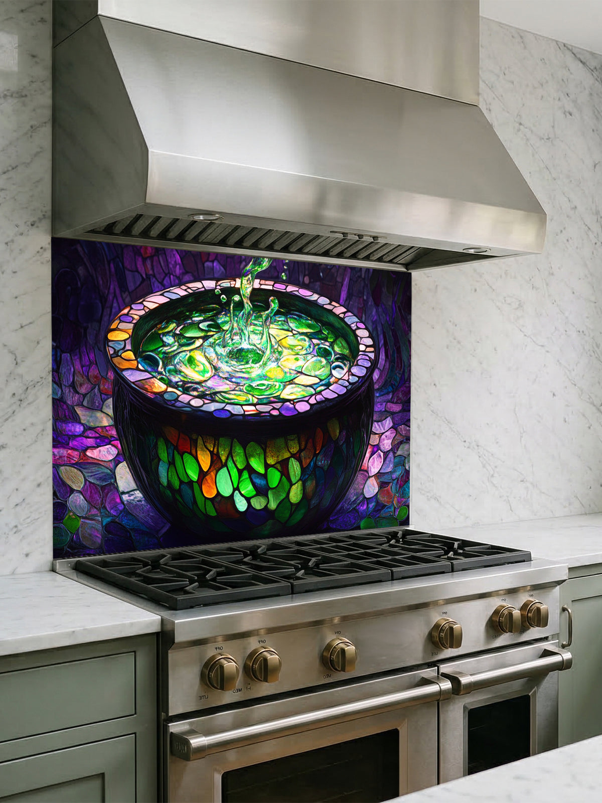 Tempered glass kitchen backsplash featuring a highly realistic 3D illusion of stained glass and mosaic art showing a dark magical cauldron filled with a splashing, glowing neon green potion against a deep purple cobblestone background, installed behind a modern stainless steel stove.