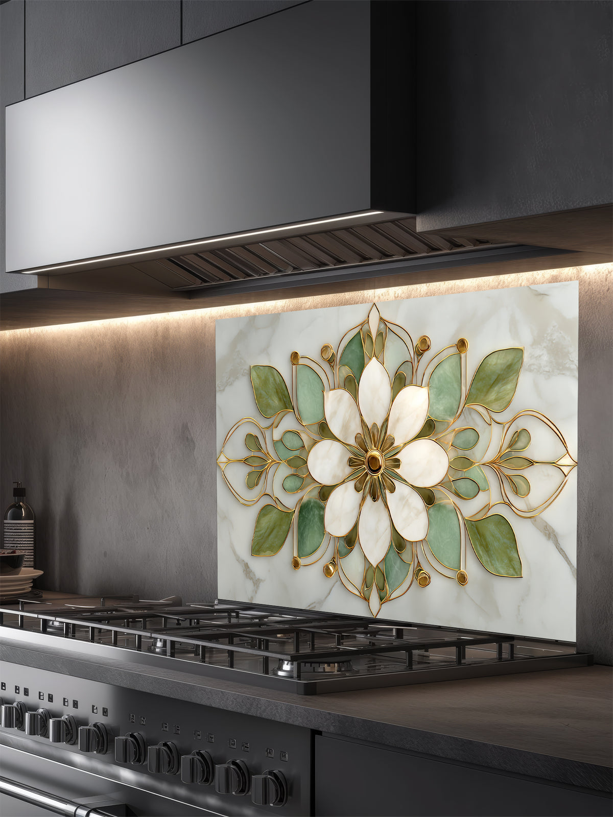 Faux white marble kitchen backsplash featuring an elegant sage green, cream, and gold stained glass lotus mandala pattern, UV printed on smooth tempered glass.