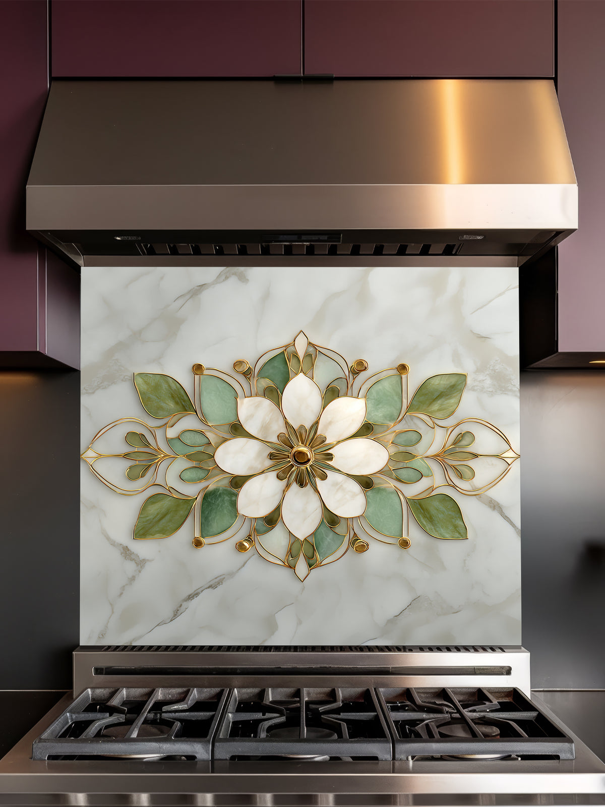 Faux white marble kitchen backsplash featuring an elegant sage green, cream, and gold stained glass lotus mandala pattern, UV printed on smooth tempered glass.
