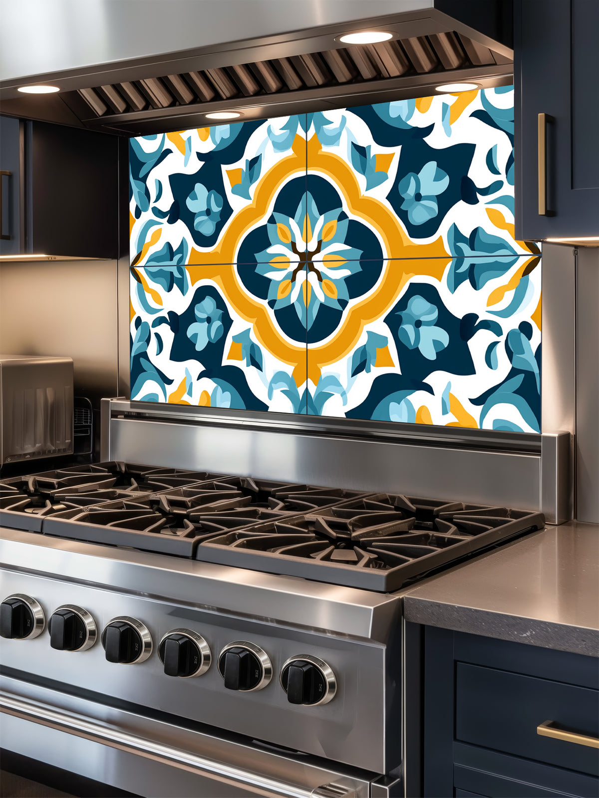 Tempered glass kitchen backsplash featuring a highly realistic illusion of traditional Mediterranean or Portuguese Azulejo tiles, showcasing a bold geometric floral pattern in vibrant teal, yellow, and navy blue on a crisp white background, installed behind a modern black stove.