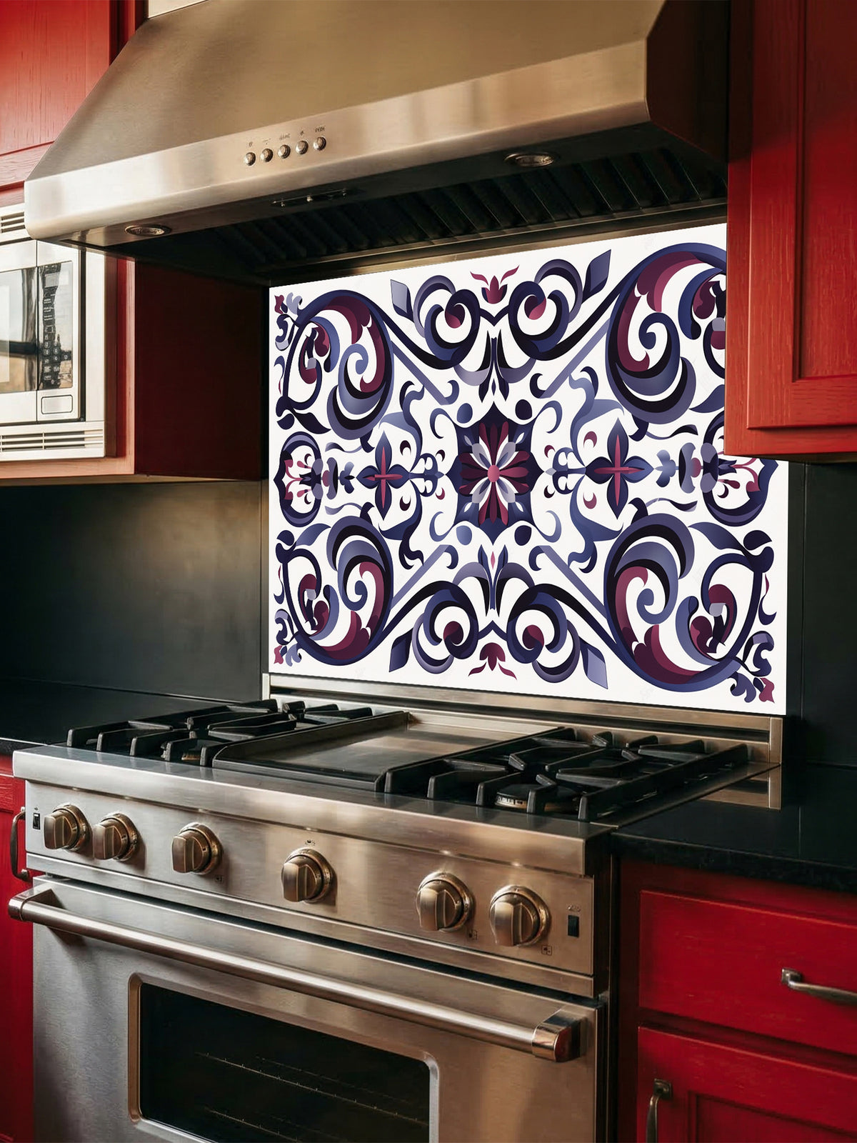 Tempered glass kitchen backsplash featuring a highly realistic illusion of classic Mediterranean or Moroccan tiles, showcasing an elegant, symmetrical Damask pattern in deep navy blue, plum, and grey on a white background, installed behind a modern black stove.