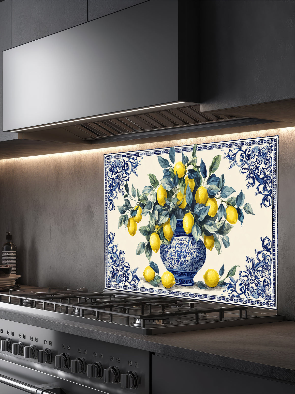 Tempered glass kitchen backsplash featuring a vibrant Mediterranean design with yellow lemons and green leaves in an ornate blue and white porcelain vase, framed by a classic Azulejo-style tile border, installed behind a modern stainless steel stove.