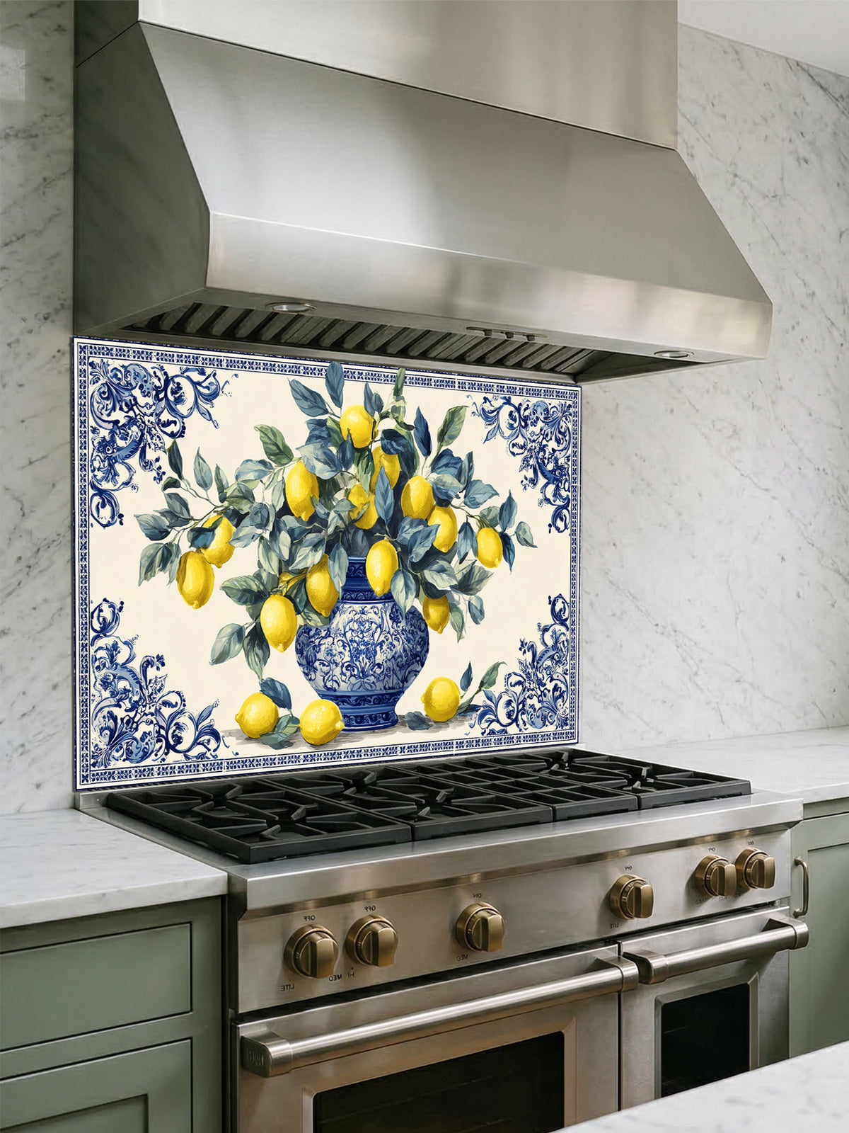 Tempered glass kitchen backsplash featuring a vibrant Mediterranean design with yellow lemons and green leaves in an ornate blue and white porcelain vase, framed by a classic Azulejo-style tile border, installed behind a modern stainless steel stove.