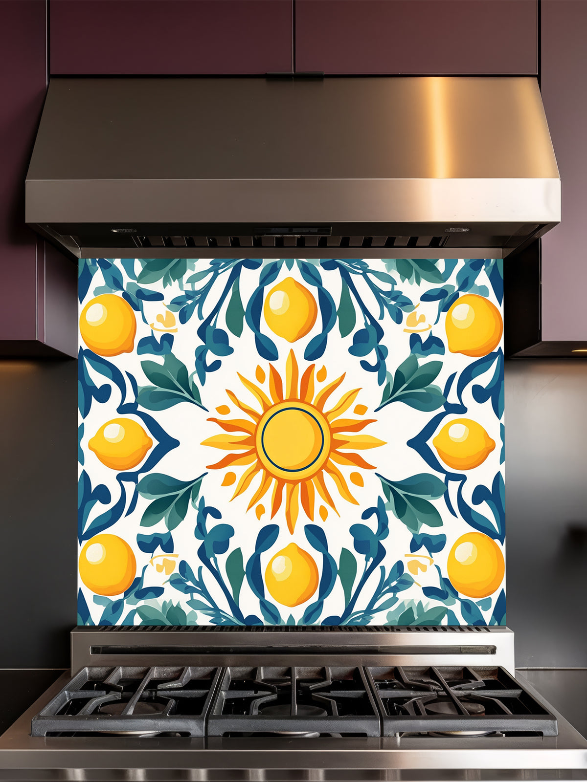Vibrant Mediterranean Majolica style tile pattern featuring a central sun, yellow lemons, and teal leaves, UV printed on a smooth tempered glass kitchen backsplash.
