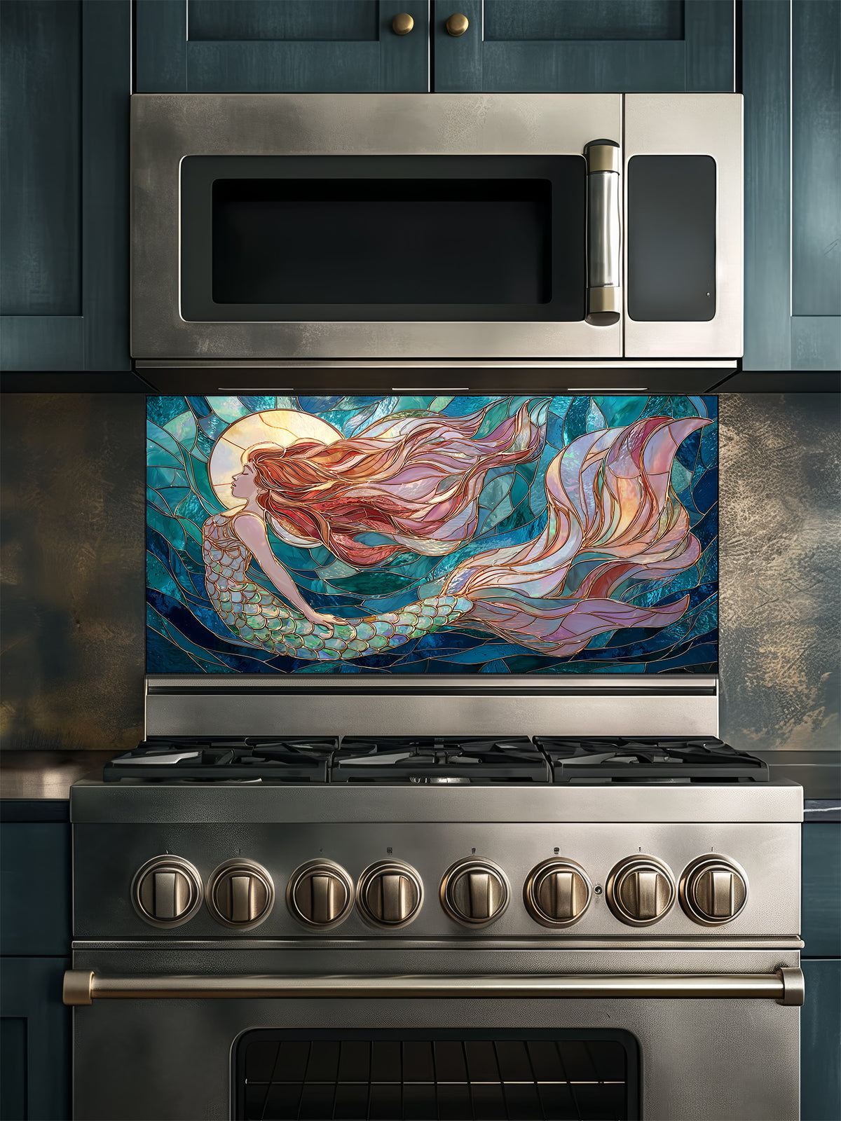 Tempered glass kitchen backsplash featuring a highly realistic 3D illusion of stained glass art showing an elegant mermaid with flowing hair swimming through dynamic ocean waves in deep blues and turquoise, installed behind a modern stainless steel stove.