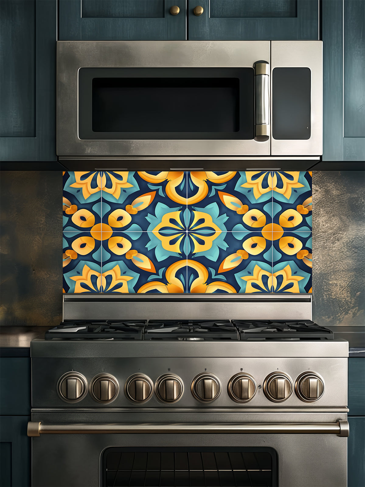 Tempered glass kitchen backsplash featuring a highly realistic illusion of traditional Moroccan encaustic tiles, showcasing a vibrant geometric floral pattern in teal, golden yellow, and deep navy, installed behind a modern black stove.