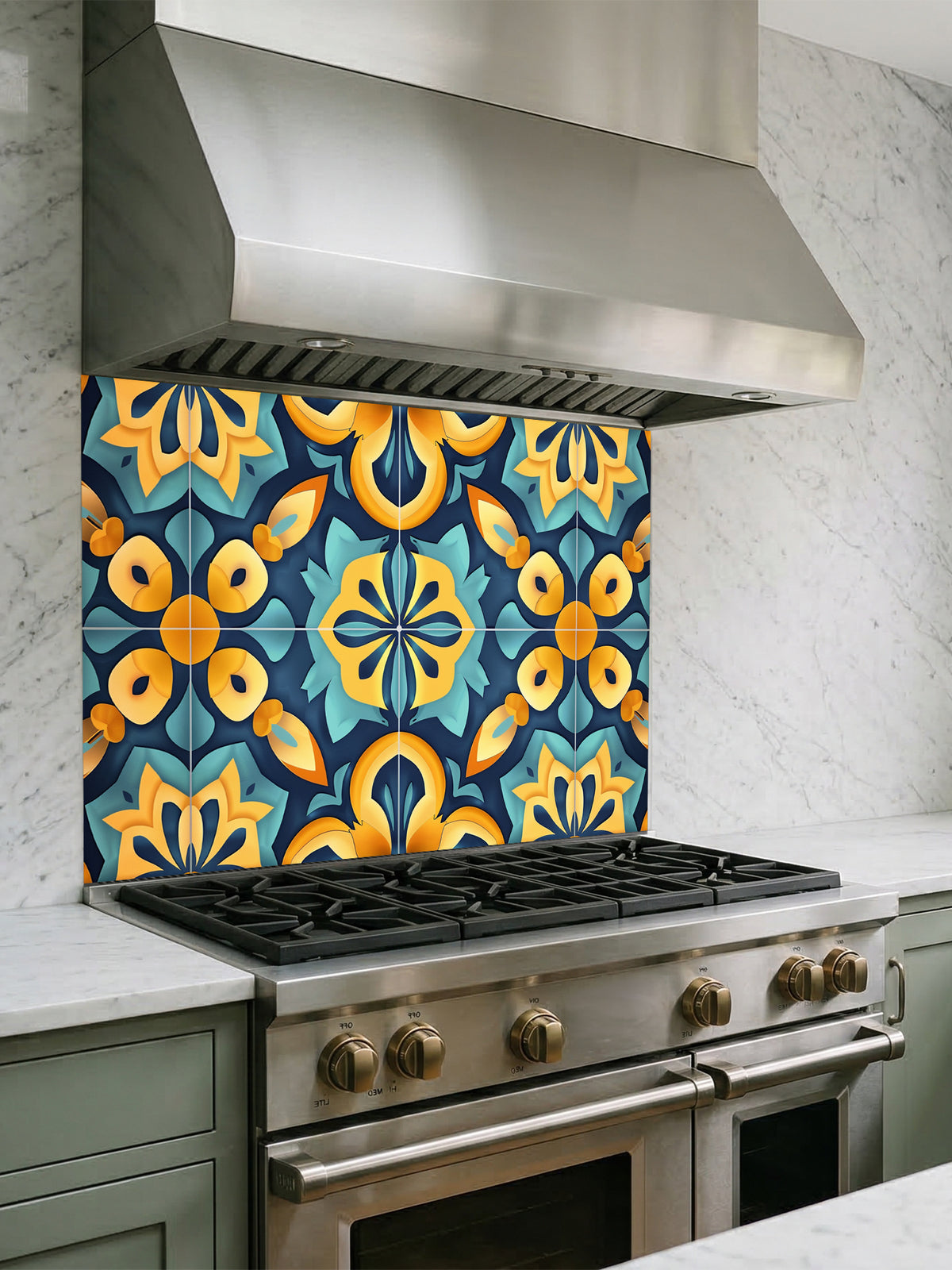Tempered glass kitchen backsplash featuring a highly realistic illusion of traditional Moroccan encaustic tiles, showcasing a vibrant geometric floral pattern in teal, golden yellow, and deep navy, installed behind a modern black stove.