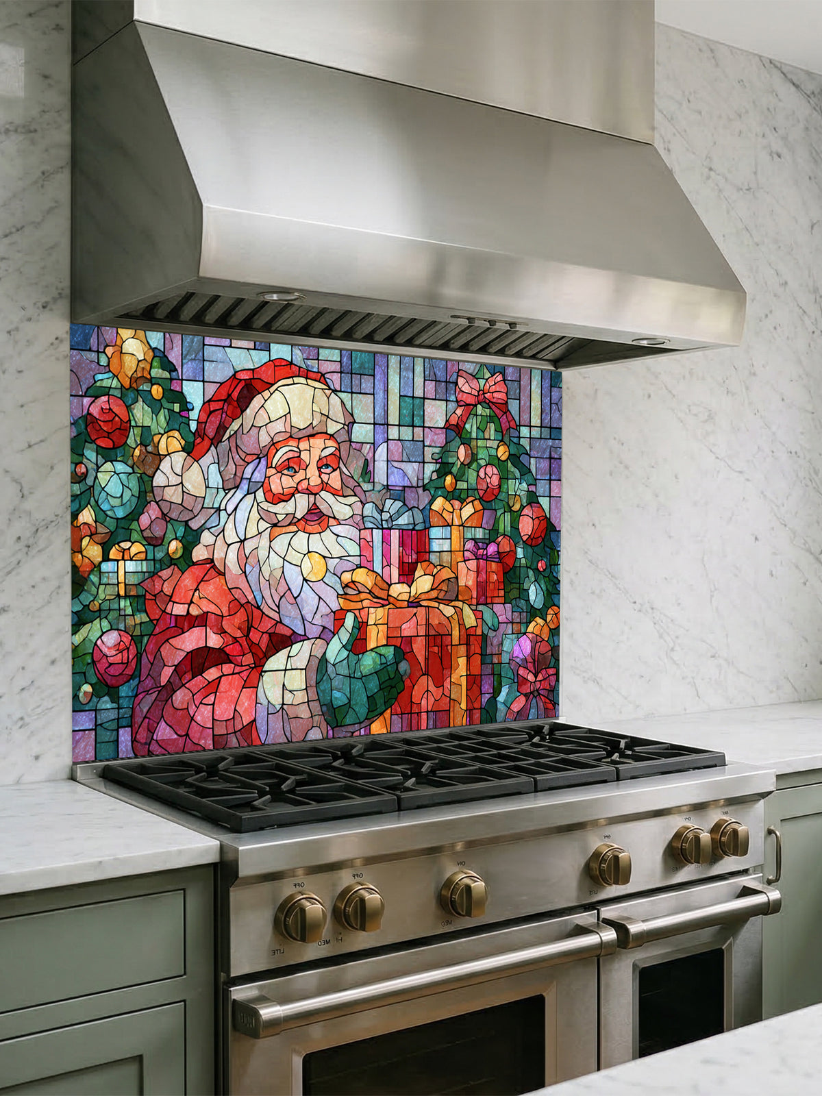 Tempered glass kitchen backsplash featuring a highly realistic 3D illusion of mosaic stained glass art showing a cheerful Santa Claus holding a wrapped gift, surrounded by green Christmas trees and colorful presents against a tiled blue and purple background, installed behind a modern black stove.
