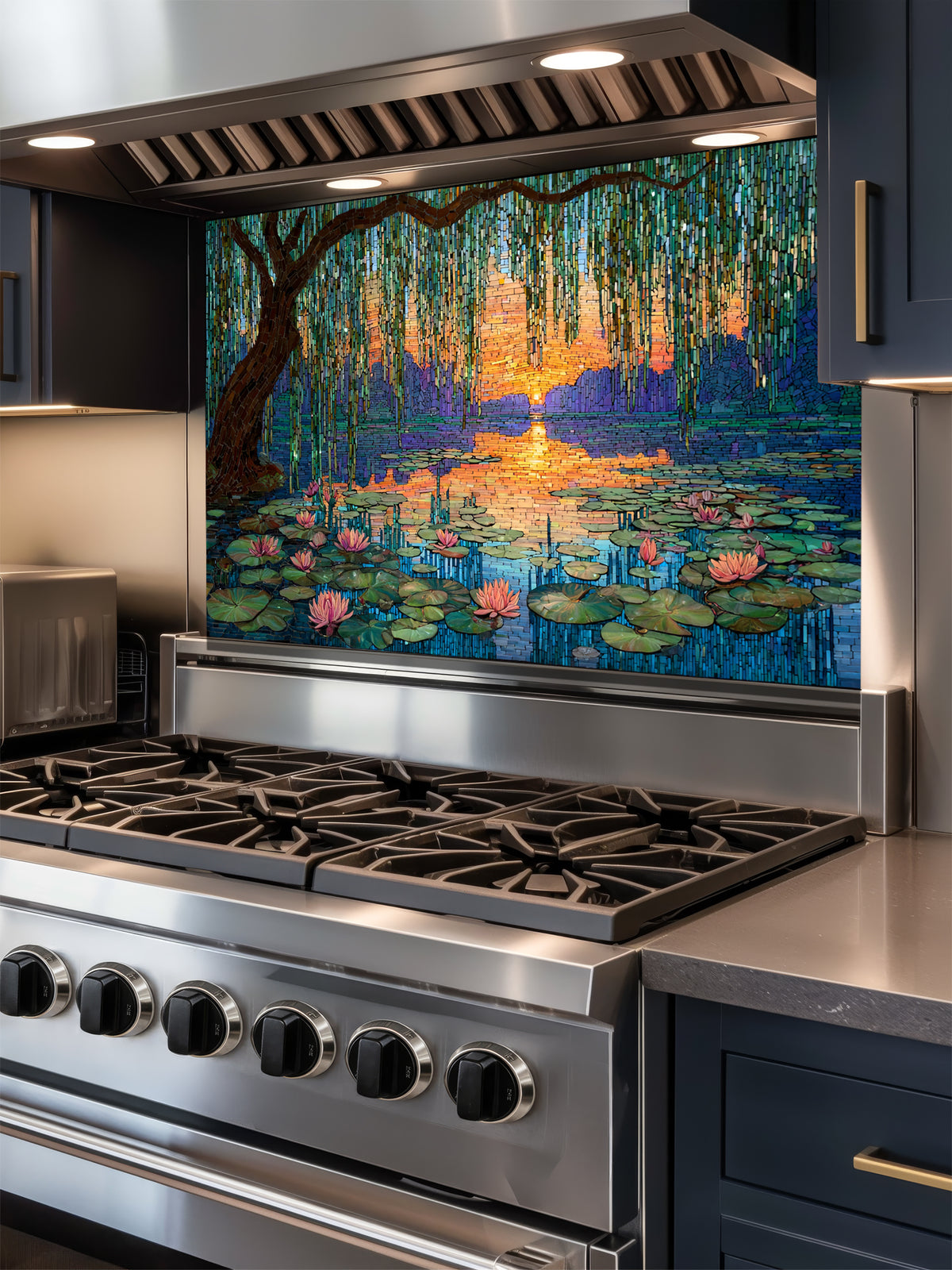 Tempered glass kitchen backsplash featuring a highly realistic 3D illusion of intricate mosaic tile art showing a majestic weeping willow tree and blooming pink water lilies on a tranquil lake during a vibrant golden and purple sunset, installed behind a modern black stove.