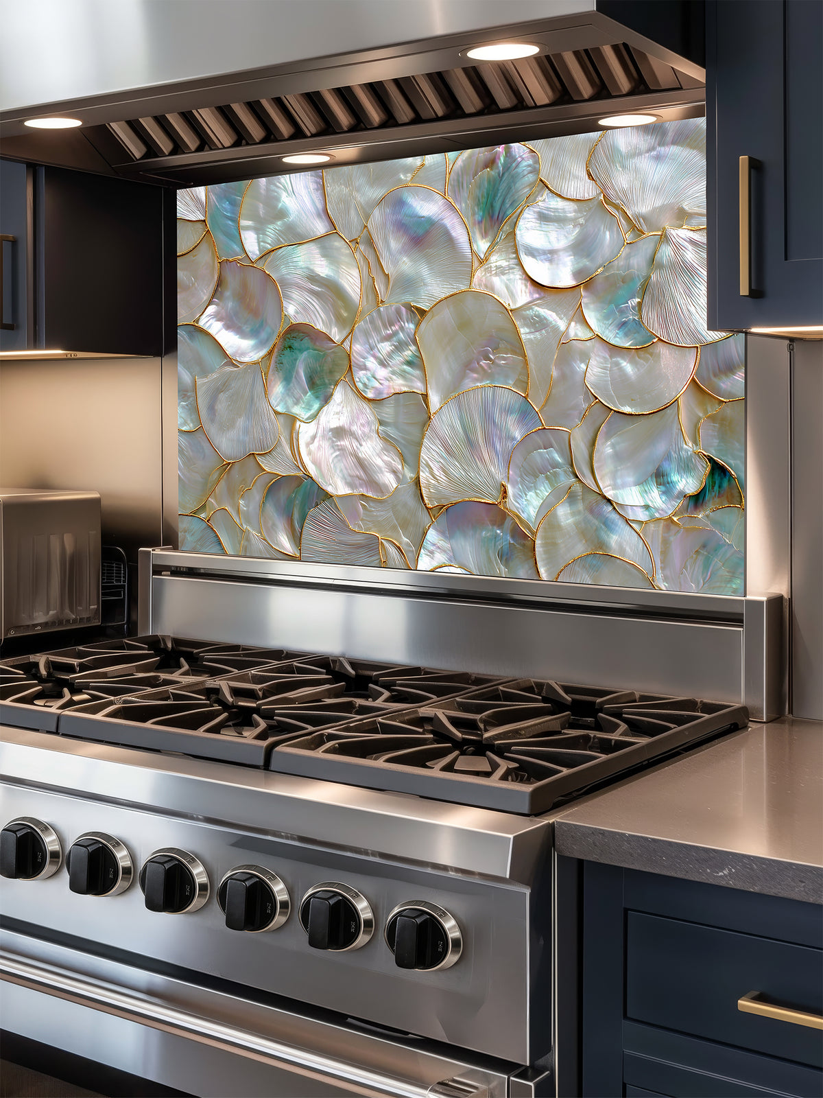 Tempered glass kitchen backsplash featuring a highly realistic 3D faux mosaic design of overlapping mother of pearl and abalone shells with iridescent pastel colors and gold outlines, installed behind a modern stainless steel stove.