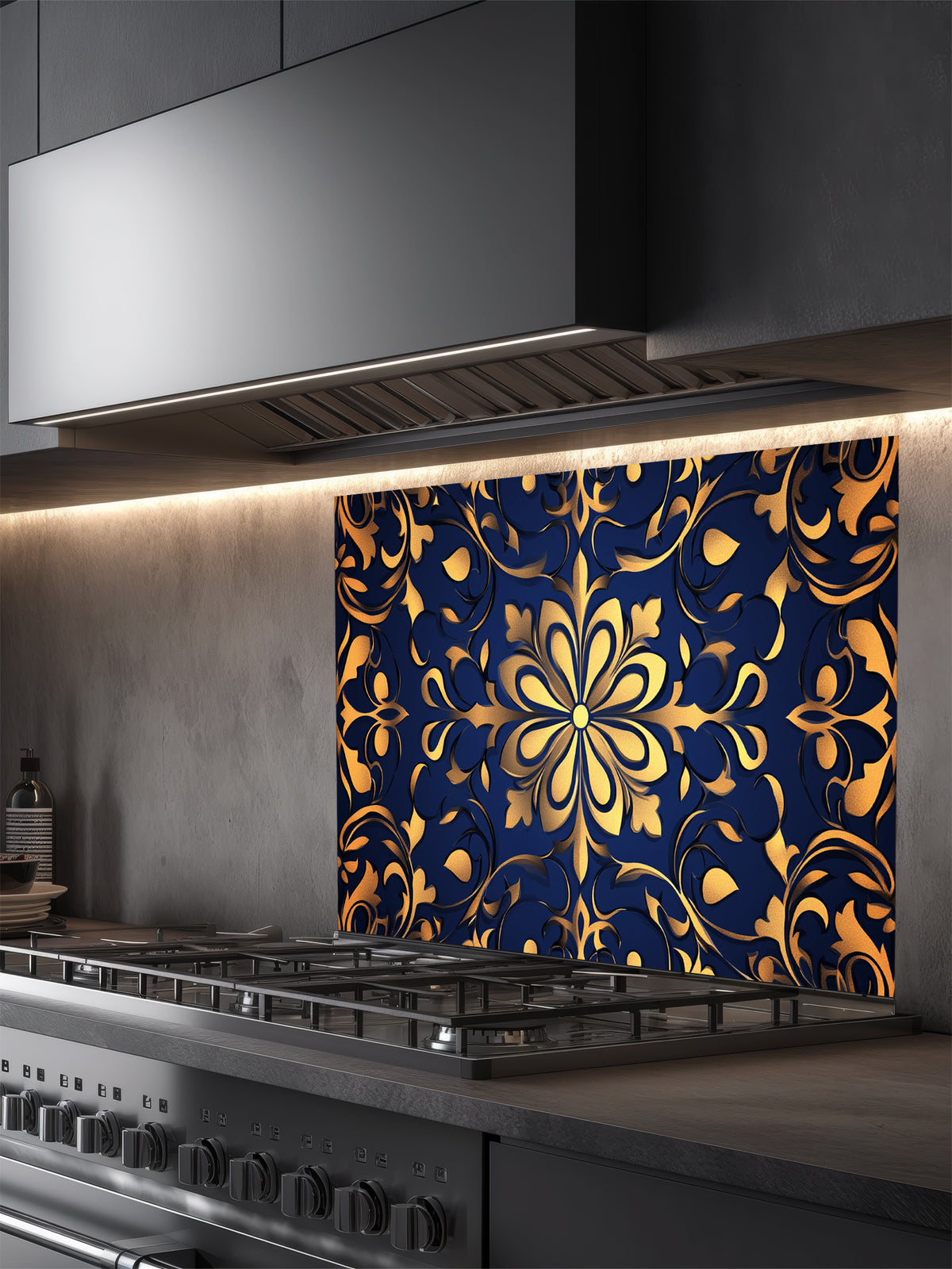 Elegant faux embossed gold damask floral mandala pattern on a deep midnight navy blue background, UV printed on a smooth tempered glass kitchen backsplash.