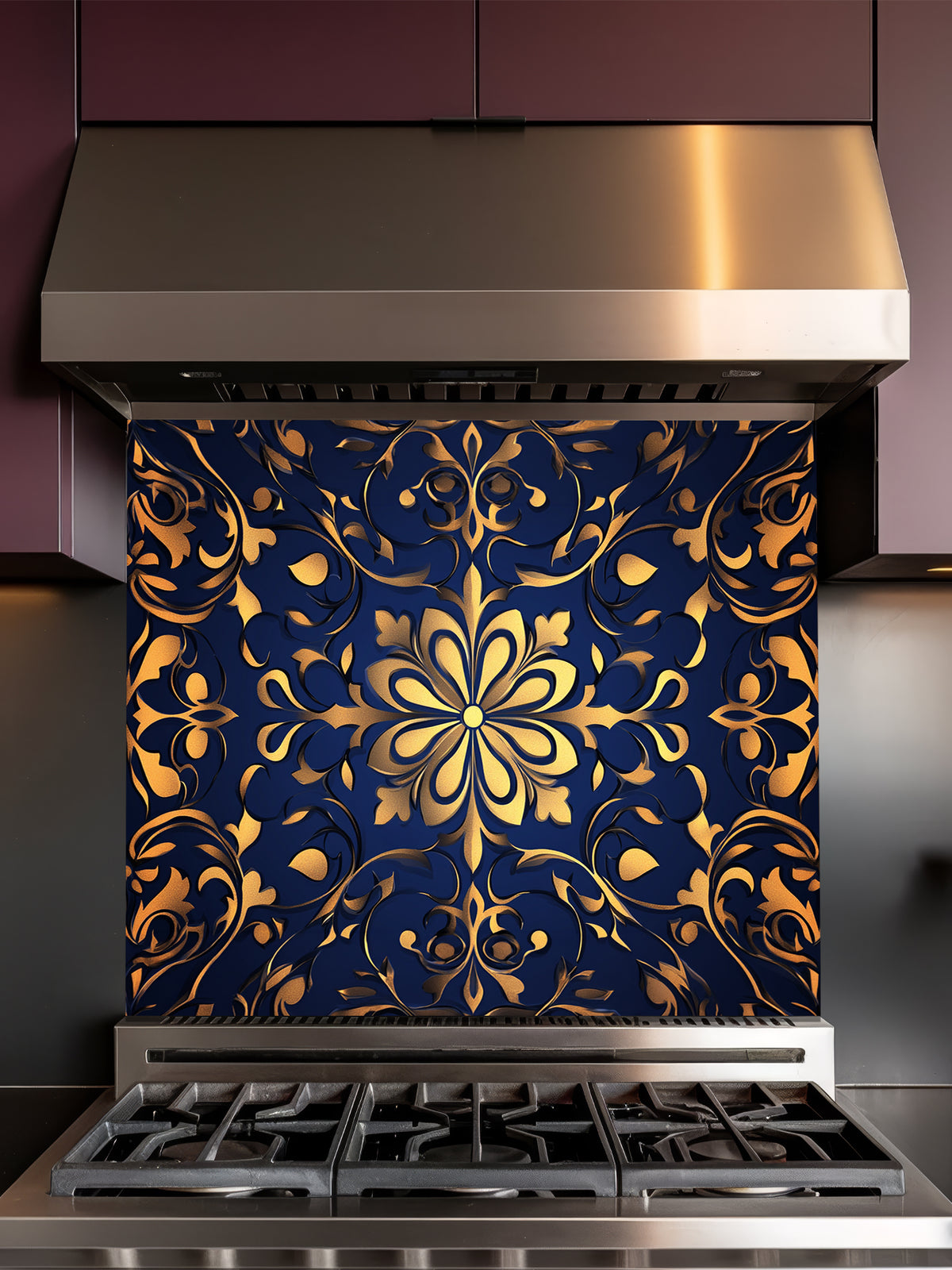 Elegant faux embossed gold damask floral mandala pattern on a deep midnight navy blue background, UV printed on a smooth tempered glass kitchen backsplash.
