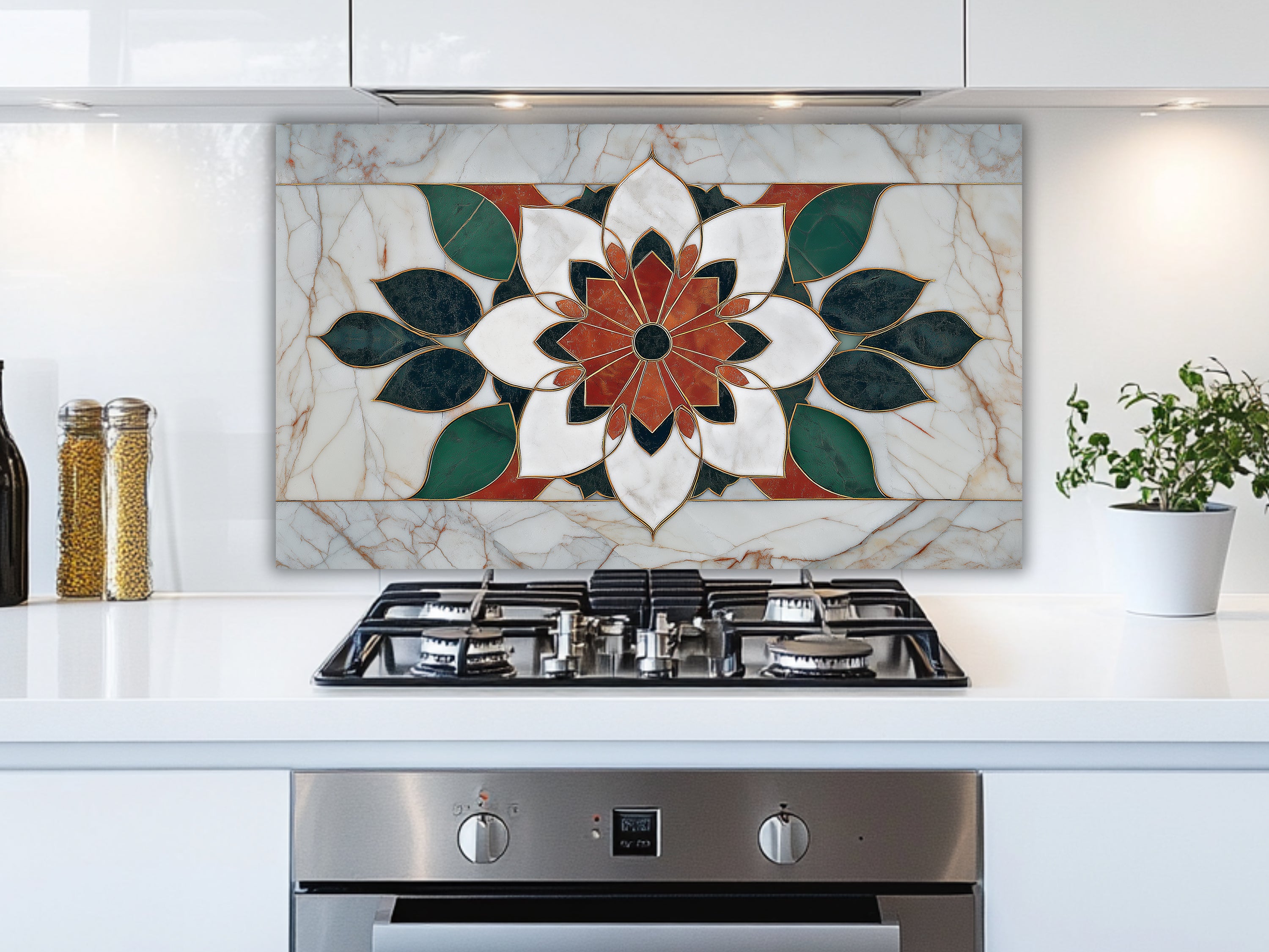 Luxury Marble & Floral Mandala Glass Stove Backsplash | Heat-Resistant Kitchen Splashback