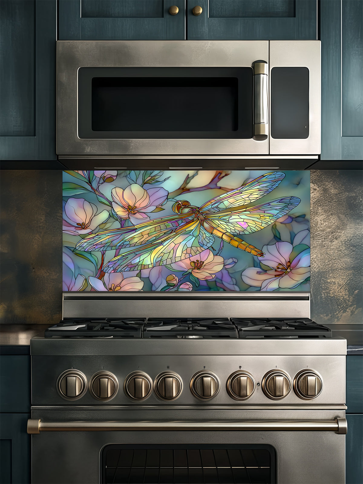 Tempered glass kitchen backsplash featuring a highly realistic 3D illusion of Art Nouveau stained glass showing an elegant dragonfly with iridescent translucent wings resting among soft pastel pink and mint green blooming flowers, installed behind a modern stainless steel stove.