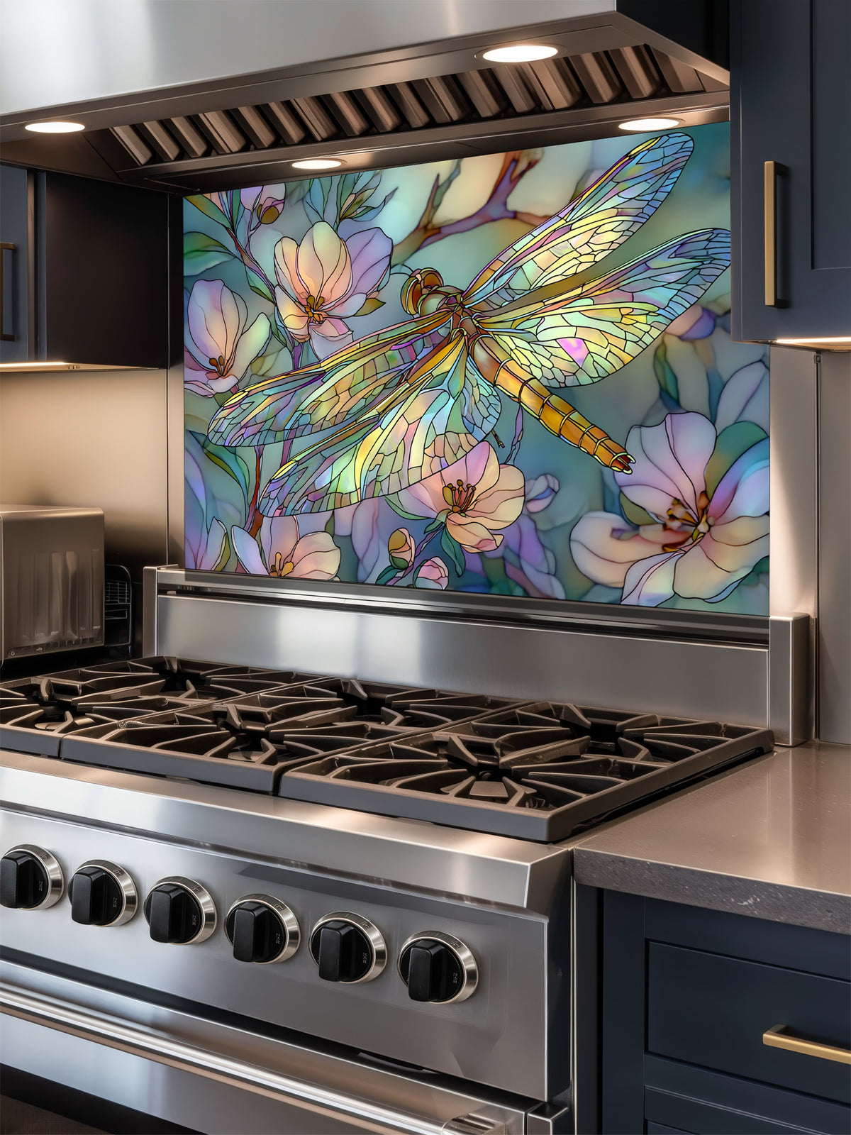 Tempered glass kitchen backsplash featuring a highly realistic 3D illusion of Art Nouveau stained glass showing an elegant dragonfly with iridescent translucent wings resting among soft pastel pink and mint green blooming flowers, installed behind a modern stainless steel stove.