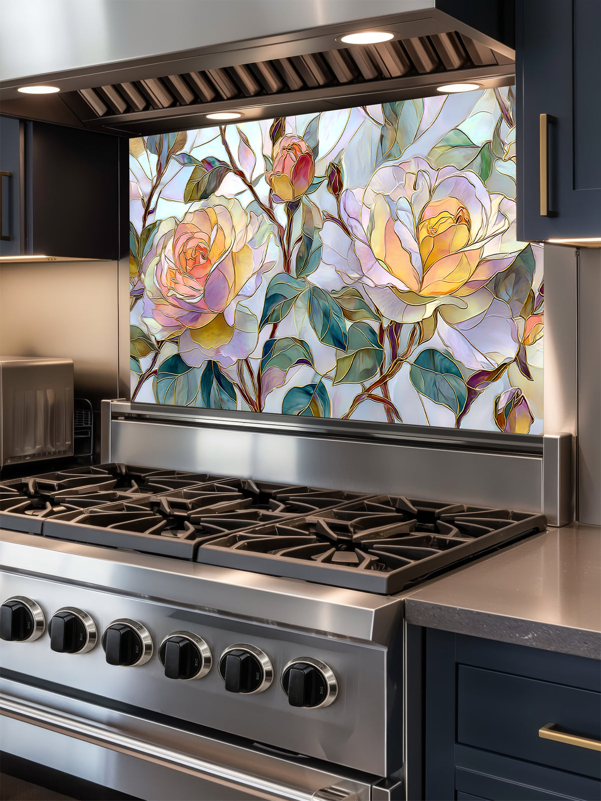 Tempered glass kitchen backsplash featuring a highly realistic 3D illusion of stained glass and watercolor art showing large, delicate blooming roses in pastel yellow, peach, and blush pink with teal green leaves, installed behind a modern black stove.