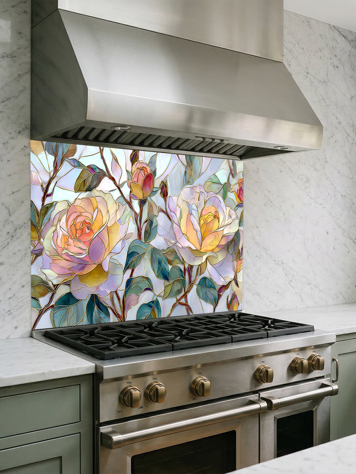 Tempered glass kitchen backsplash featuring a highly realistic 3D illusion of stained glass and watercolor art showing large, delicate blooming roses in pastel yellow, peach, and blush pink with teal green leaves, installed behind a modern black stove.