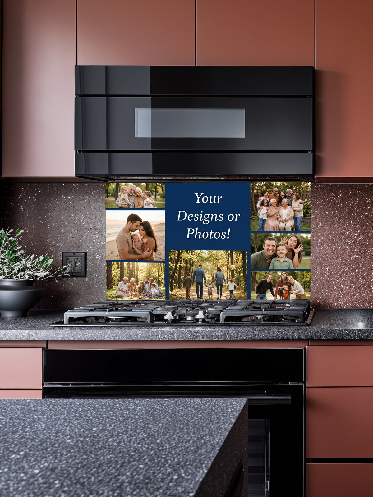 Tempered glass kitchen backsplash showcasing a custom 'Your Photo or Design' mockup featuring a family reading by a fireplace, installed behind a modern stainless steel stove.