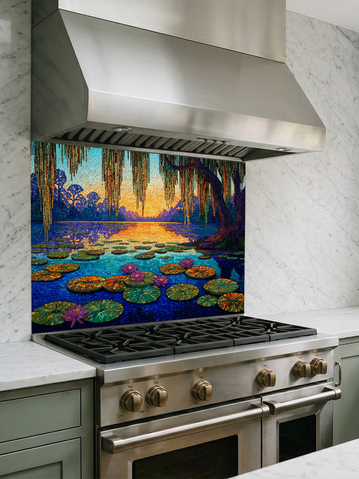 Tempered glass kitchen backsplash featuring a highly realistic 3D illusion of a Pointillist or Impressionist fine art painting, showing a tranquil lake with pink water lilies and a weeping willow at sunset, created with thousands of tiny textured paint dots, installed behind a modern black stove.