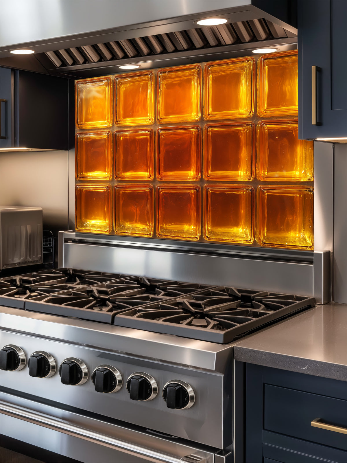 A retro-style kitchen featuring a tempered glass backsplash with a highly realistic faux amber glass block design, giving a warm glowing illusion behind a modern black stove.