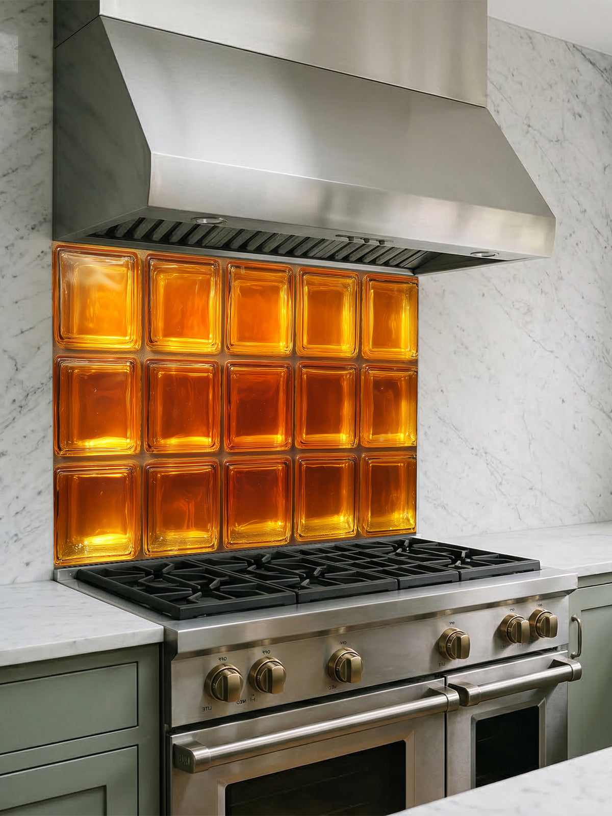 A retro-style kitchen featuring a tempered glass backsplash with a highly realistic faux amber glass block design, giving a warm glowing illusion behind a modern black stove.