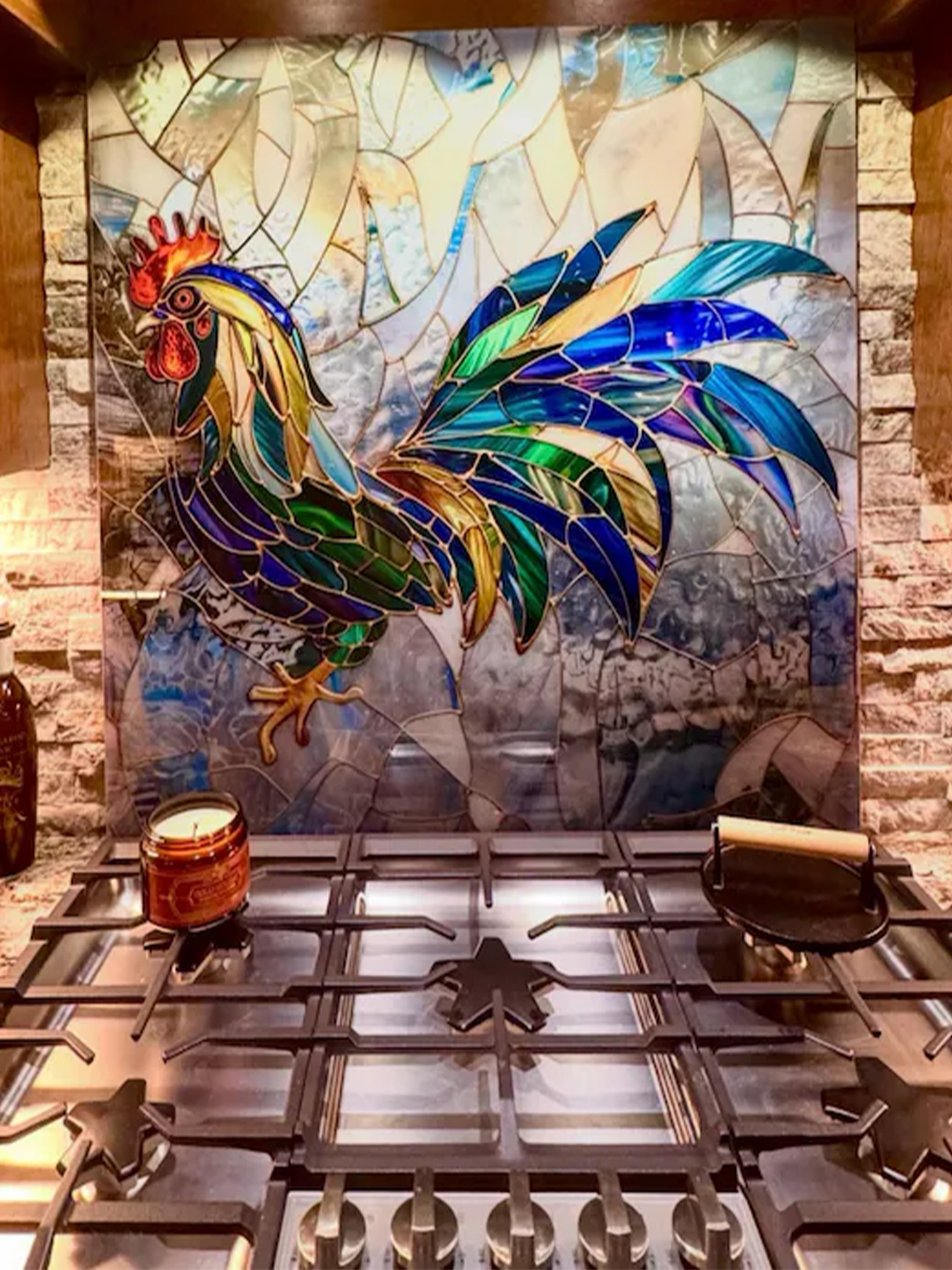 Custom Size Tempered Glass Kitchen Backsplash - Teal & Emerald Stained Glass Effect Abstract Mosaic Rooster Splashback