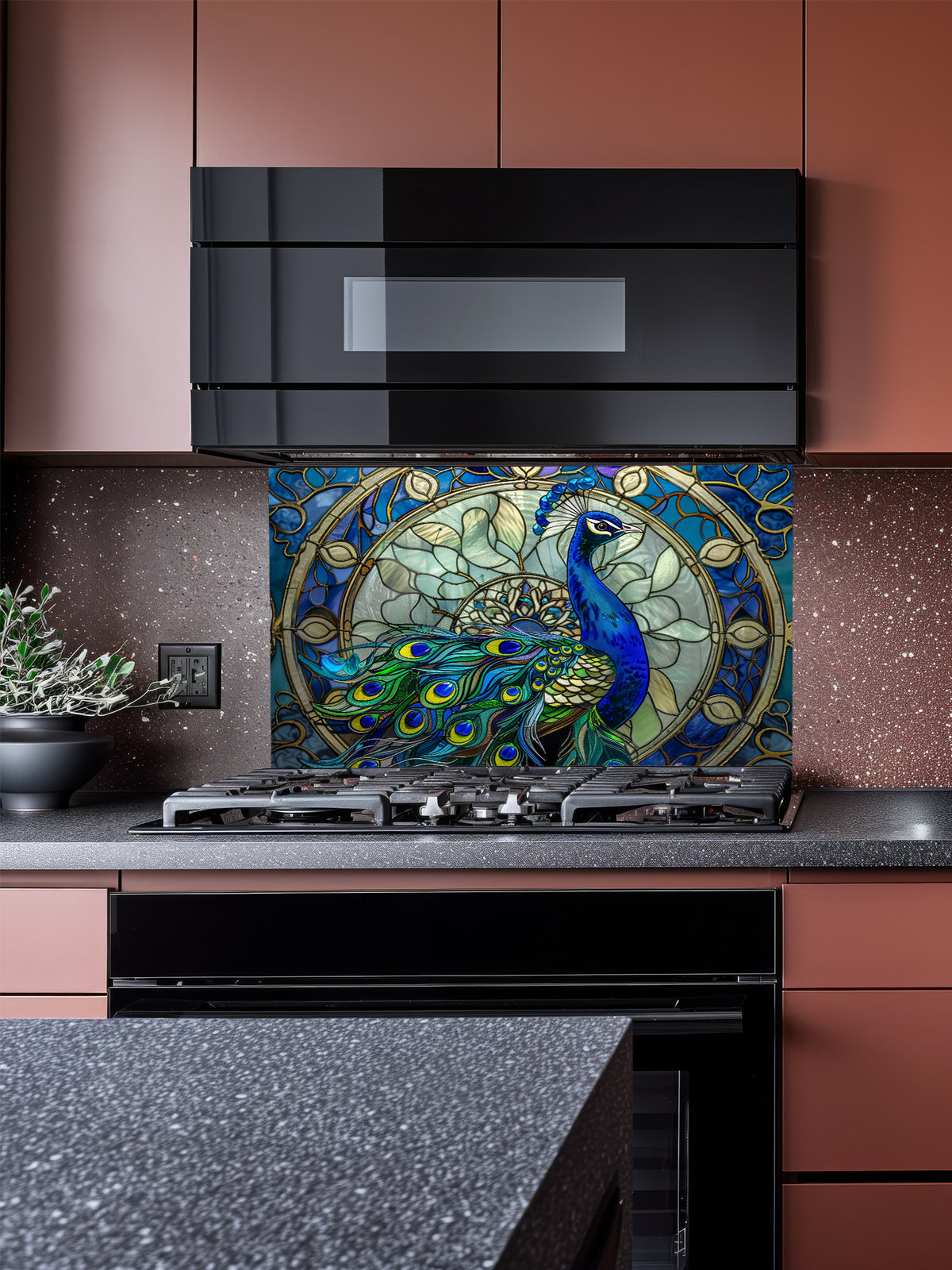 Tempered glass kitchen backsplash featuring a highly realistic 3D illusion of Art Nouveau stained glass showing a majestic royal blue peacock against an intricate circular mandala background with gold outlines, installed behind a modern stainless steel stove.
