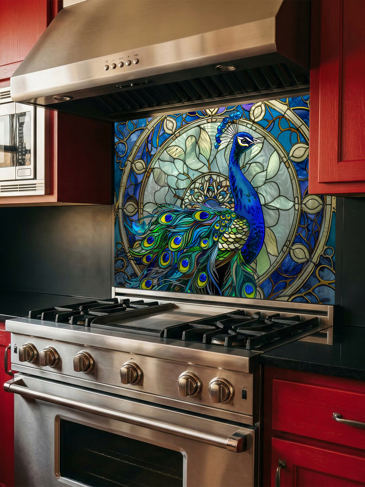 Tempered glass kitchen backsplash featuring a highly realistic 3D illusion of Art Nouveau stained glass showing a majestic royal blue peacock against an intricate circular mandala background with gold outlines, installed behind a modern stainless steel stove.