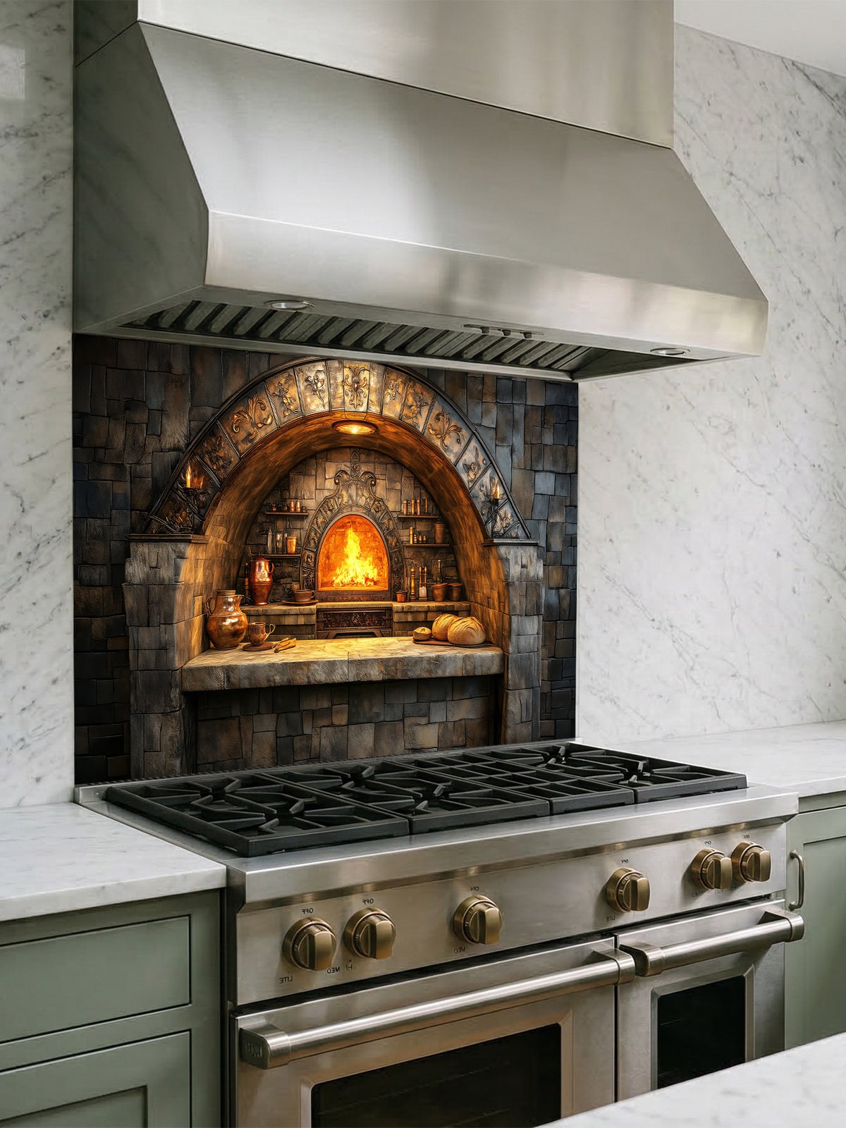 A cozy kitchen featuring a tempered glass backsplash with a highly realistic 3D illusion of a rustic stone oven, glowing fire, and vintage copper cookware, installed behind a modern black stove.