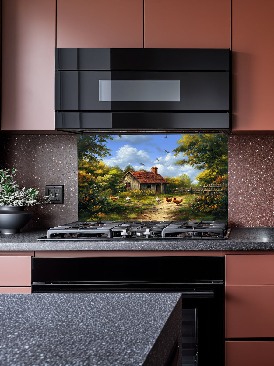 Tempered glass kitchen backsplash featuring a highly realistic illusion of a vintage oil painting showing a rustic farmhouse, lush green trees, and chickens on a dirt path under a blue sky, installed behind a modern stainless steel stove.