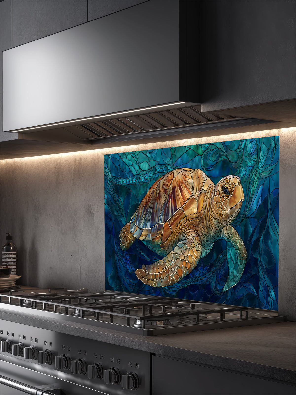 Tempered glass kitchen backsplash featuring a highly realistic 3D illusion of stained glass art showing a majestic sea turtle swimming through deep blue ocean flora and waves, installed behind a modern stainless steel stove.