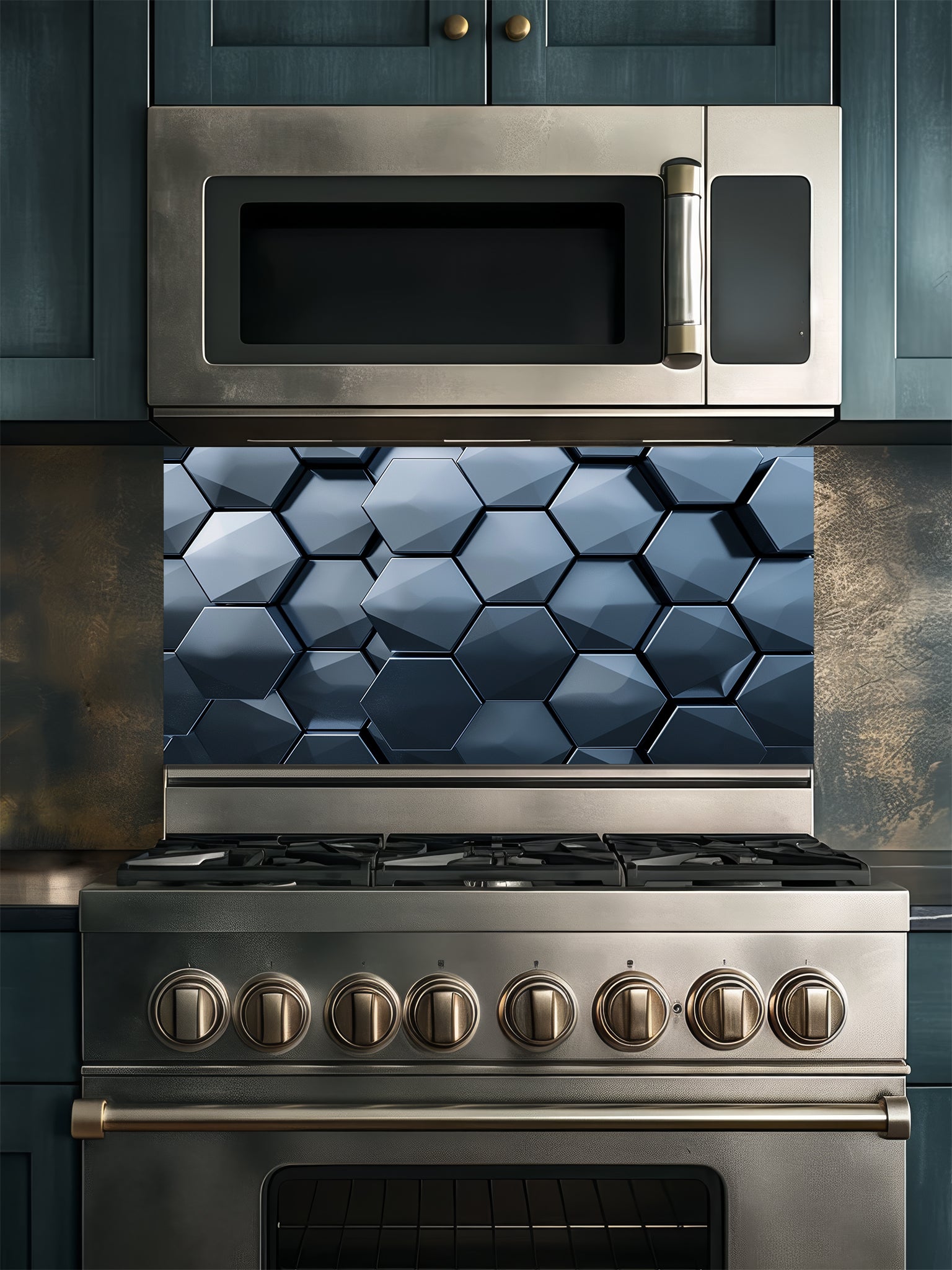 Tempered glass kitchen backsplash featuring a highly realistic 3D illusion of dark slate blue and charcoal metallic hexagon tiles in a sleek honeycomb pattern with dramatic shadow effects, installed behind a modern stainless steel stove.