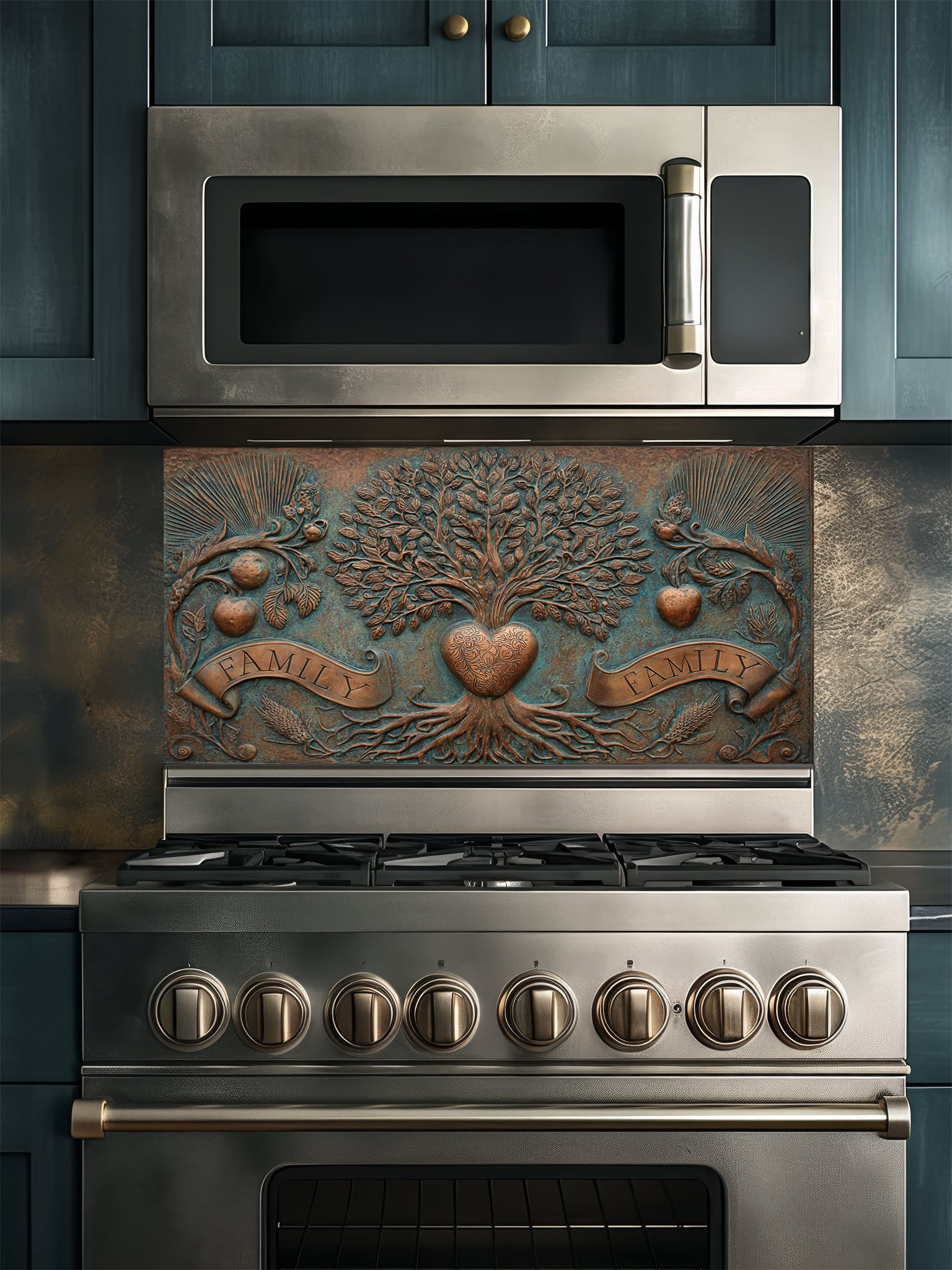 Faux 3D sculpted bronze and copper relief of a family tree of life with a heart and banners reading 'FAMILY' against an oxidized patina background, UV printed on a smooth tempered glass kitchen backsplash.