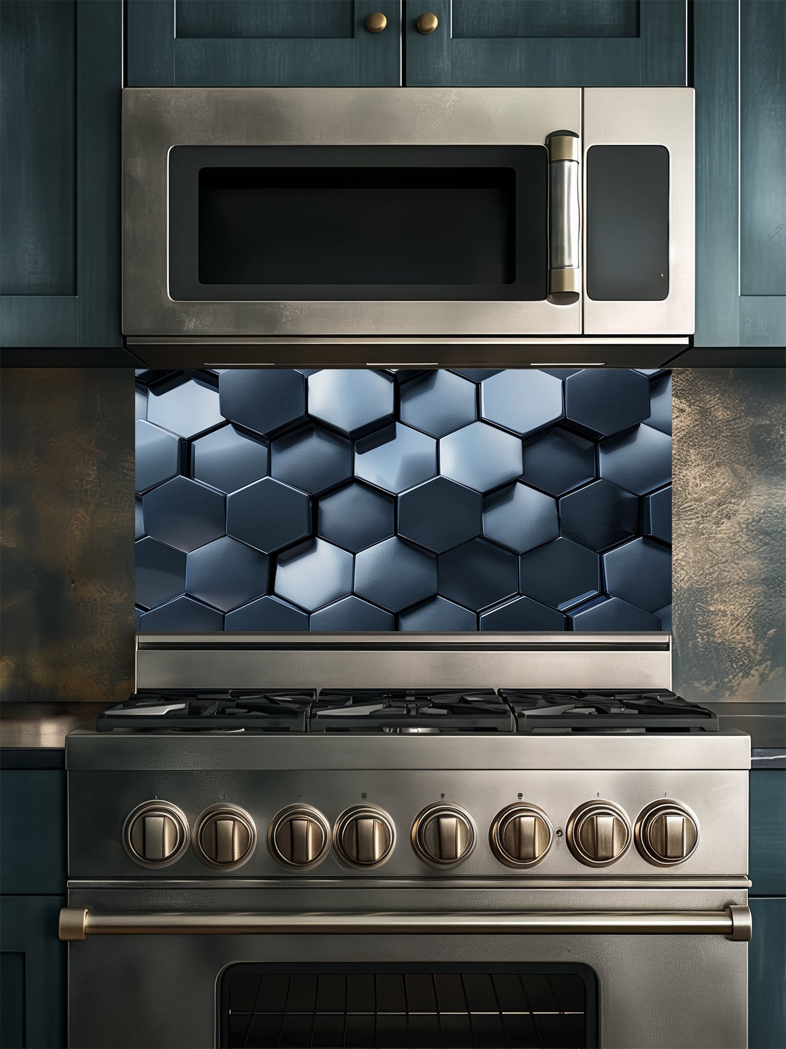 Faux 3D effect dark gunmetal metallic hexagon honeycomb tiles, UV printed on a smooth tempered glass kitchen backsplash, installed behind a modern stove.