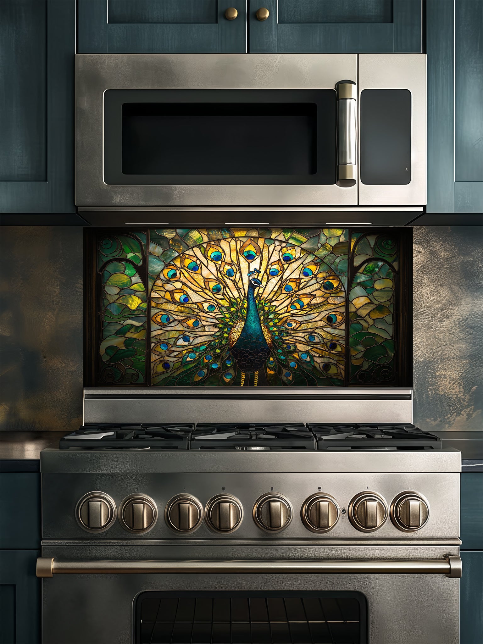 Tempered glass kitchen backsplash featuring a highly realistic 3D illusion of stained glass art showing a majestic peacock with fully spread tail feathers in vibrant emerald greens, blues, and gold, installed behind a modern stainless steel stove.