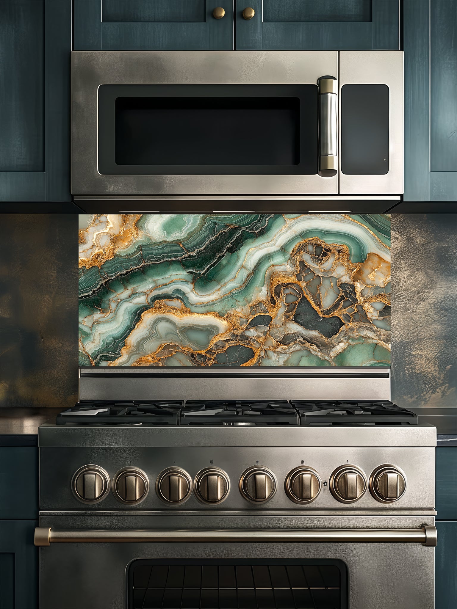Faux luxury stone slice pattern featuring deep emerald green agate layers and striking gold veins, UV printed on a smooth tempered glass kitchen backsplash.