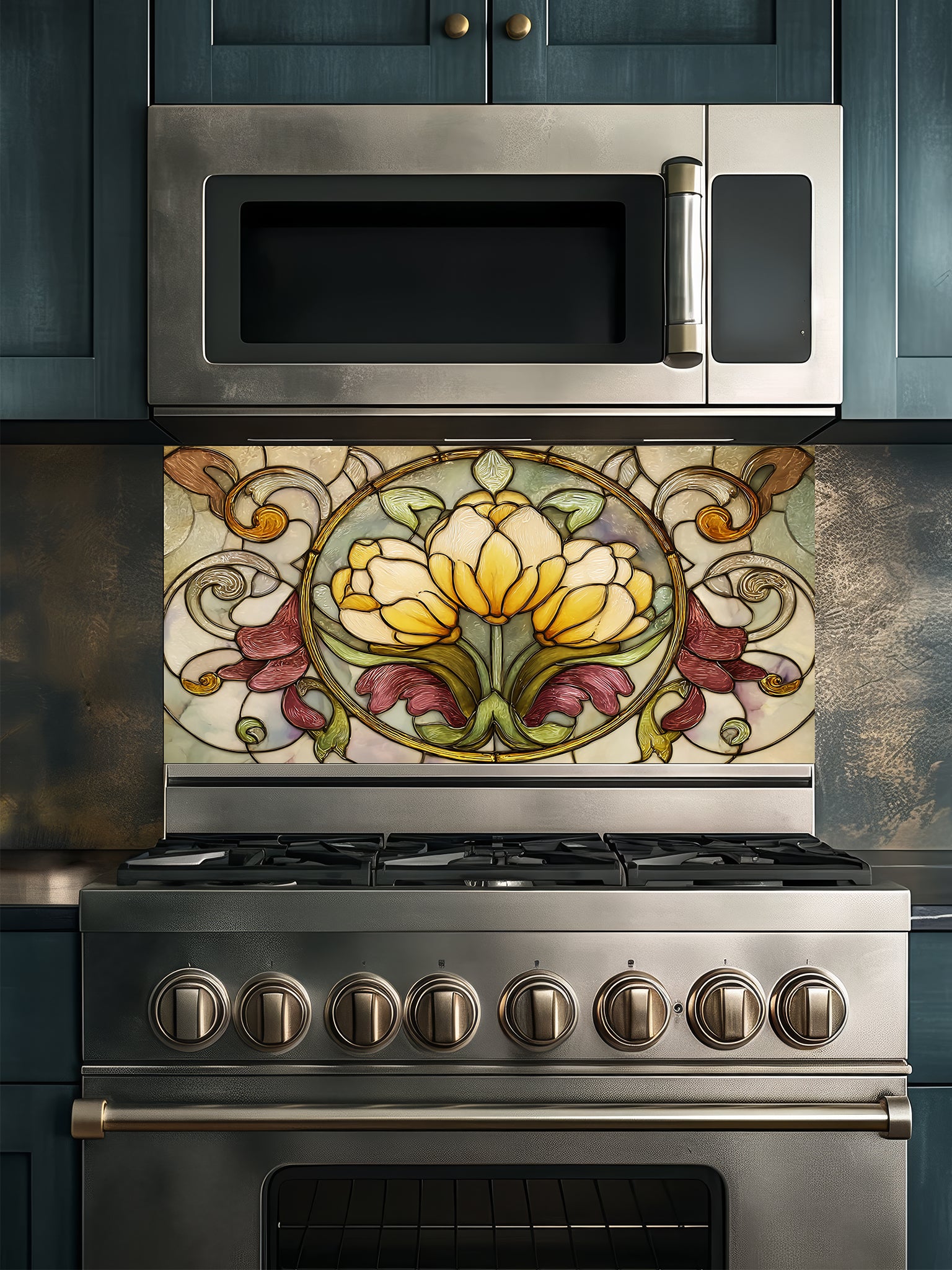 Tempered glass kitchen backsplash featuring a highly realistic faux stained glass design with a central medallion of yellow tulips surrounded by ornate Art Nouveau vines in green and burgundy, installed behind a modern stainless steel stove.